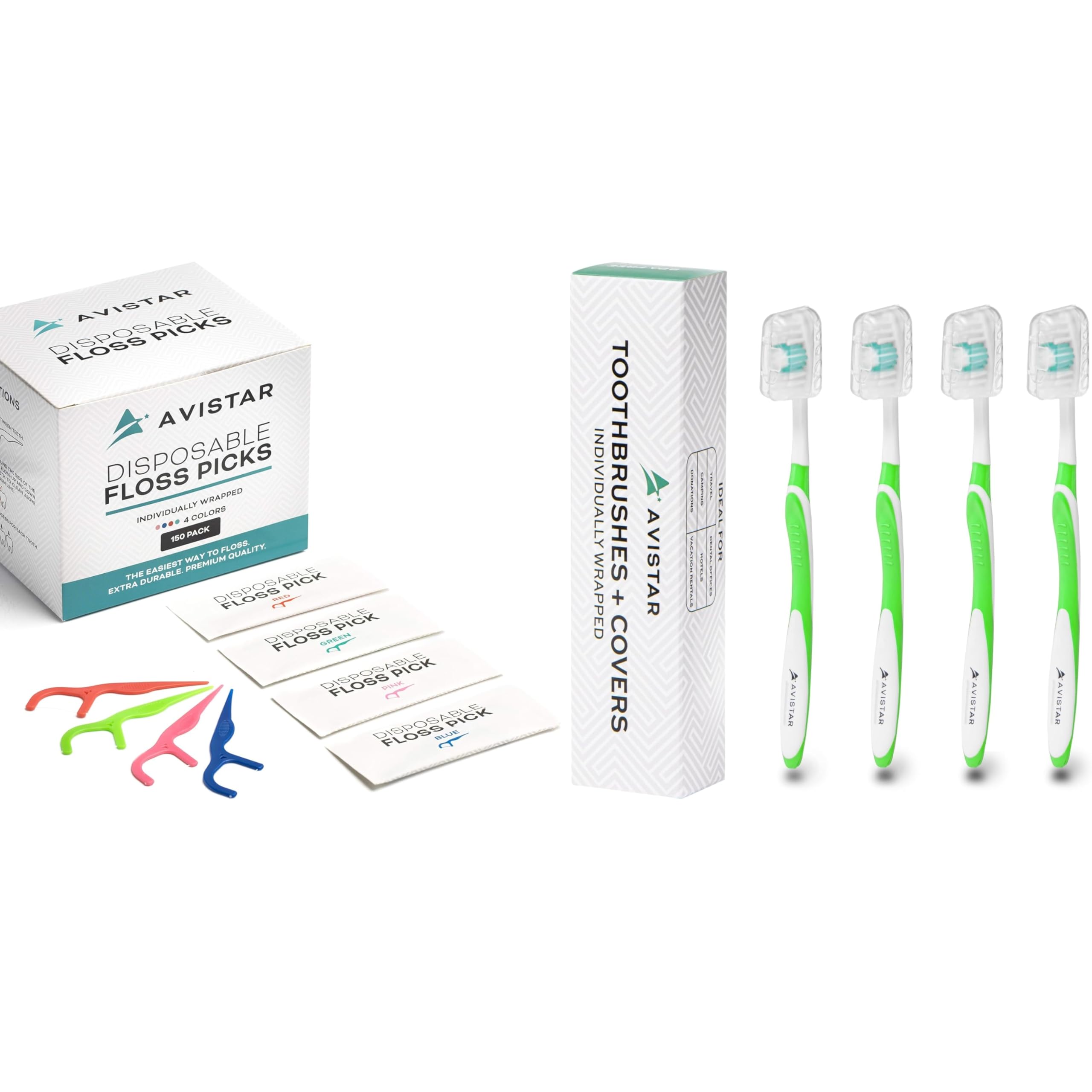 AvistarDental Care Bundle: 450 Individually Wrapped Floss Picks (Multi-color) & 4 Medium Bristle Toothbrushes for Adults (Green) - Easy Grip & Convenient Oral Hygiene Kit for Travel, Hotels, & More