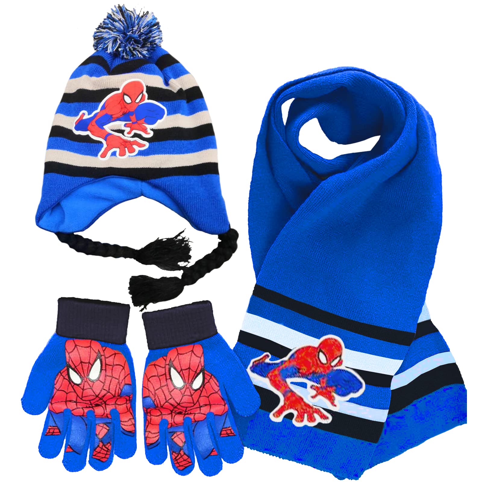 3Pcs Spiderman Scarf Set,Wopin Children's Winter Hat Scarf Gloves Set,Children Winter Autumn Spring Scarf Knitted Hat Combination Set for Children Boys Girls