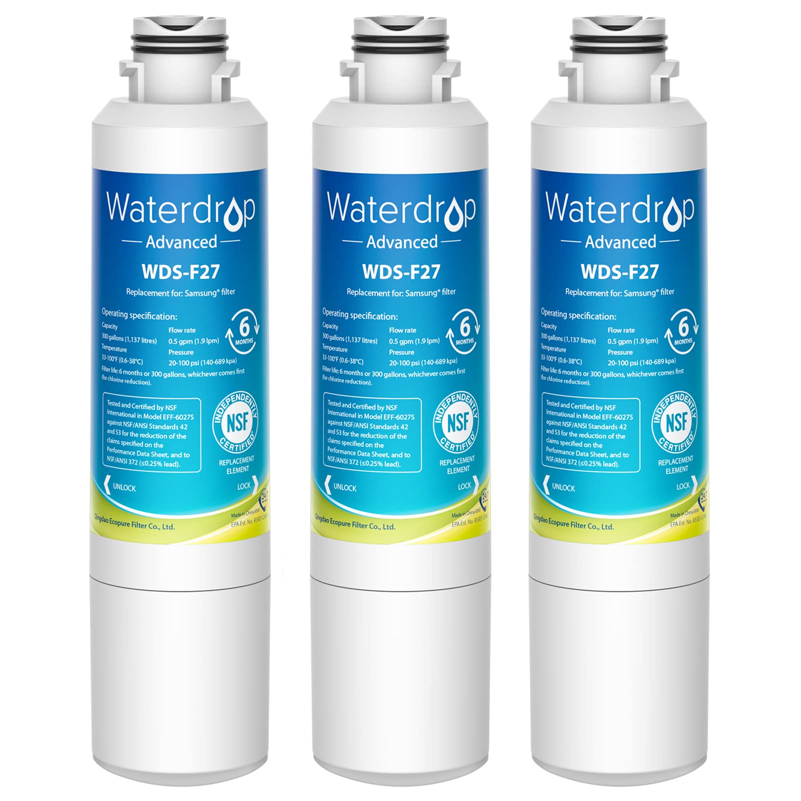 Waterdrop DA29-00020B NSF 53&42 Certified Refrigerator Water Filter, Replacement for Samsung HAF-CIN/EXP, DA29-00020A/B, DA29-00020B-1, RF263BEAESR, RF28HMEDBSR, 3 Filters (Package May Vary)