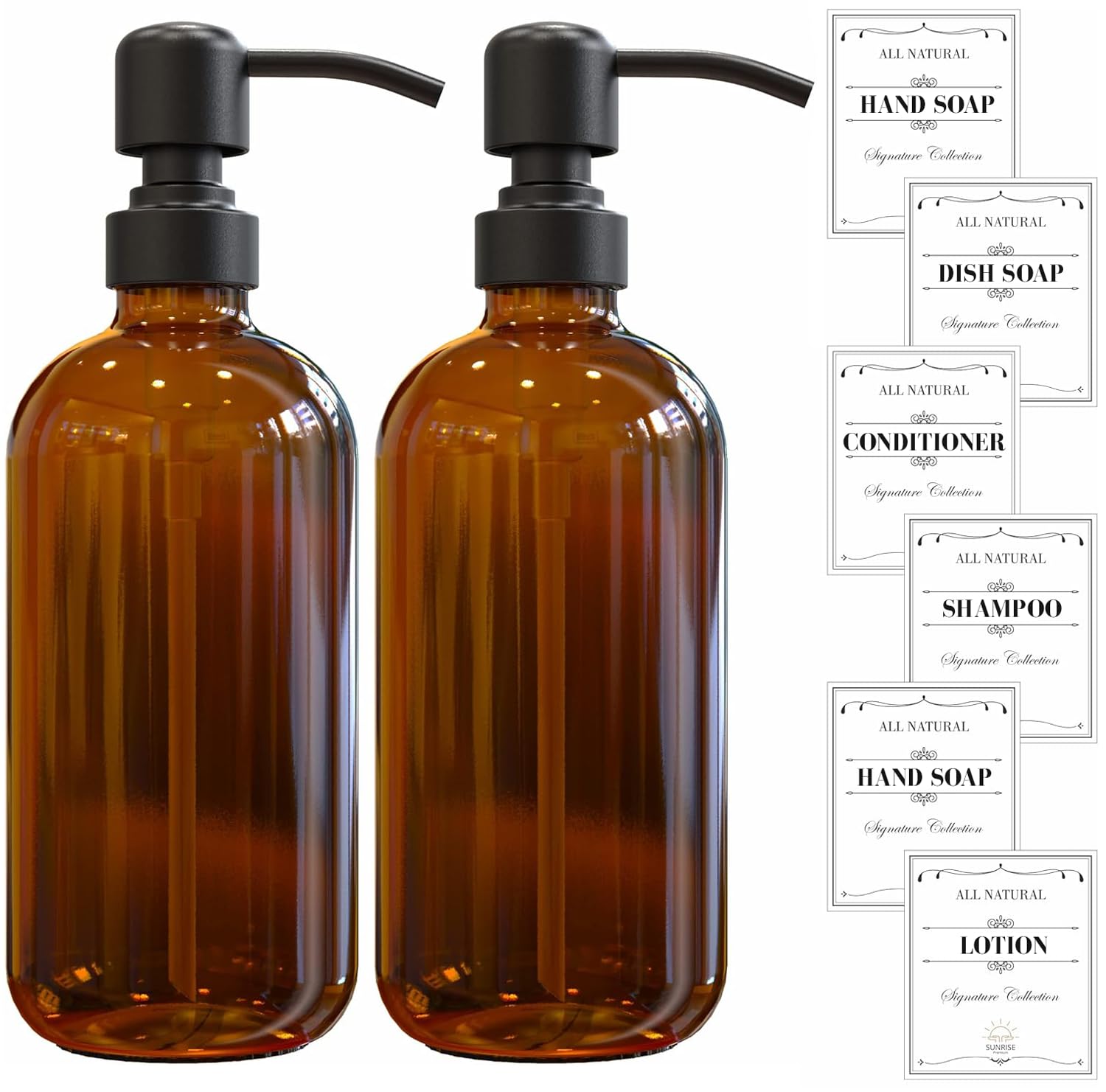 Sunrise Premium 2-Pack Amber Glass Soap Dispenser with Matte Black Stainless-Steel Pump,16 Oz Brown Dish and Hand Soap Dispenser Set Reusable Apothecary Soap Pump Dispenser bottle for Bathroom Kitchen