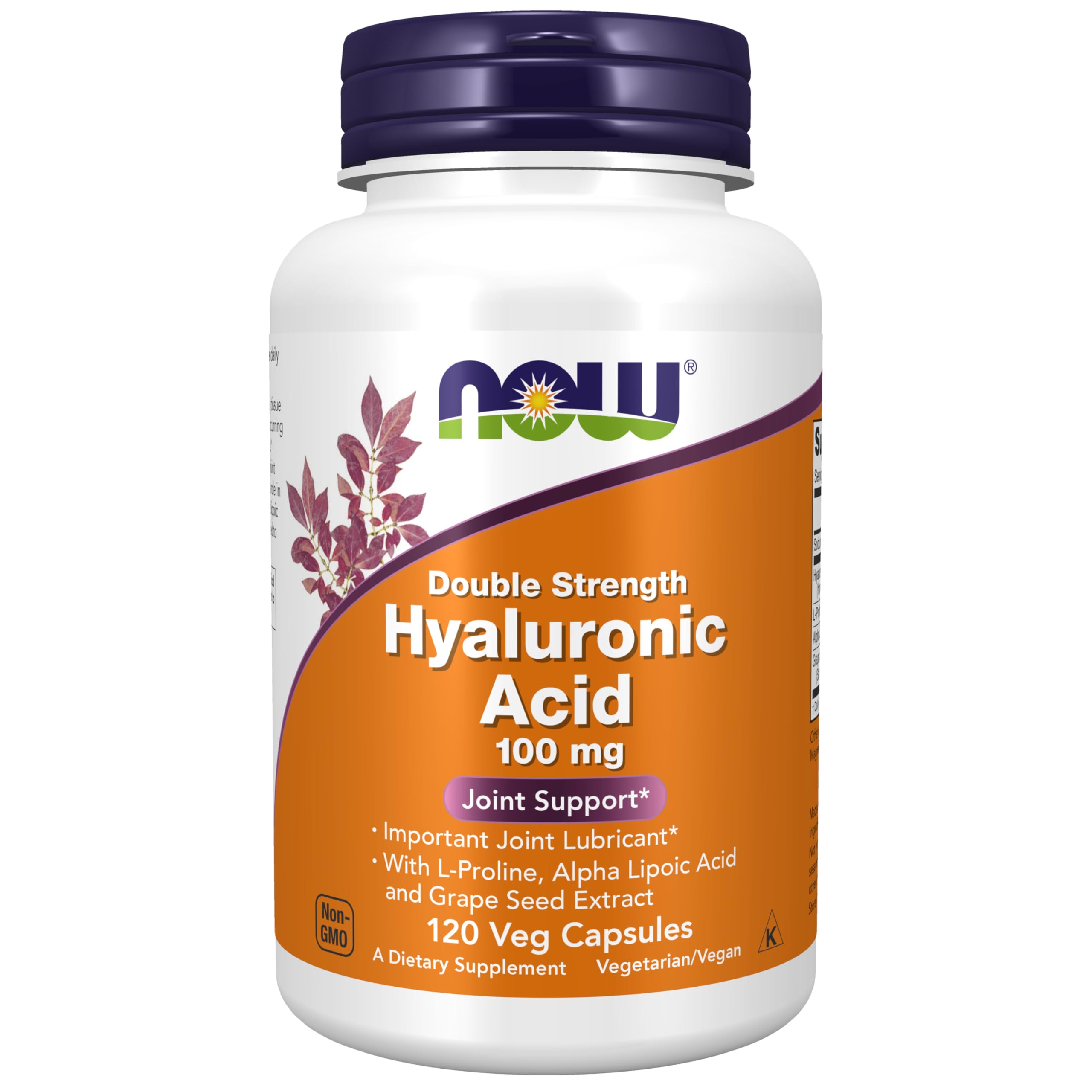 NOW Foods Supplements, Hyaluronic Acid 100 mg, Double Strength with L-Proline, Alpha Lipoic Acid and Grape Seed Extract, 120 Veg Capsules