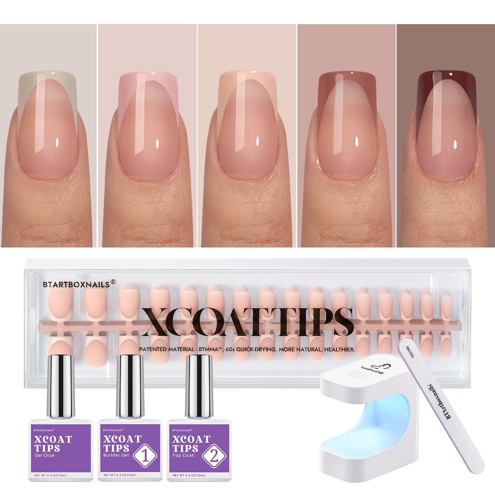 BTArtboxnails XCOATTIPS French Gel Nails - Skin Tones French Tip Press on Nails, Short Square Nail Tips with Nail Gel, French Protecting Duo, Nail Lamp, All in One Soak Off Fake Nail Christmas Gift