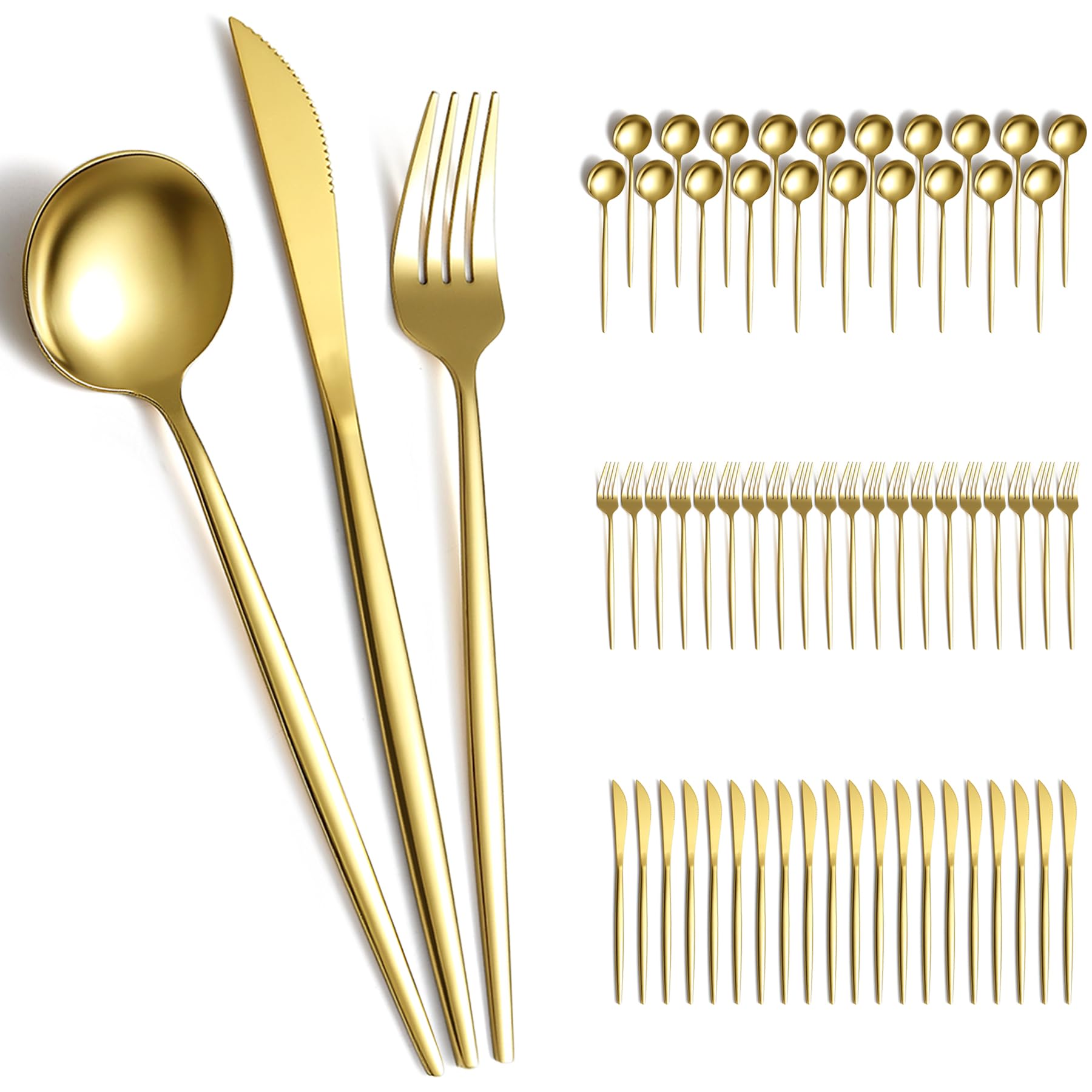 Evanda Gold Silverware Set 60 Piece Service for 20, Titanium Gold Plated Stainless Steel Flatware Set, Knives Forks Spoons Cutlery Set for Wedding, Parties, Birthday, Restauroom, Dishwasher Safe