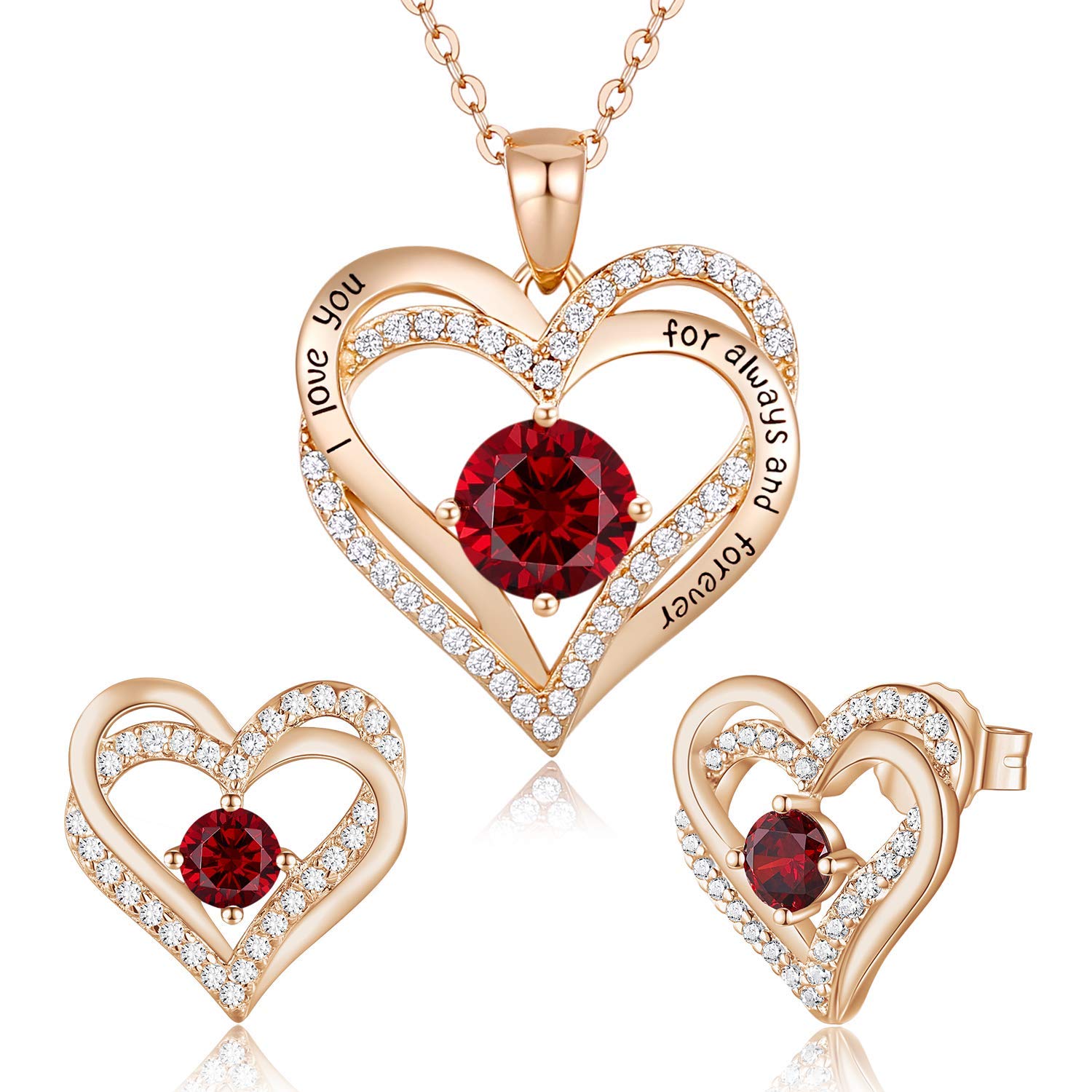 Forever Love Heart Necklace Earrings Set 925 Sterling Silver Rose Gold Plated Birthstone Jewelry Set for Women with 5A Cubic Zirconia Jewelry Birthday Gift