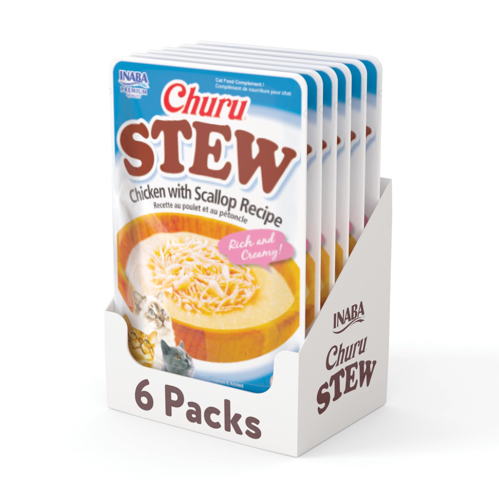 INABAChuru Stew Creamy Lickable Purée with Shredded Chicken Topper/Treat Pouch for Cats with Vitamin E, 1.4 Ounces per Pouch, 8.4 Ounces Total (6 Servings), Chicken with Scallop Recipe