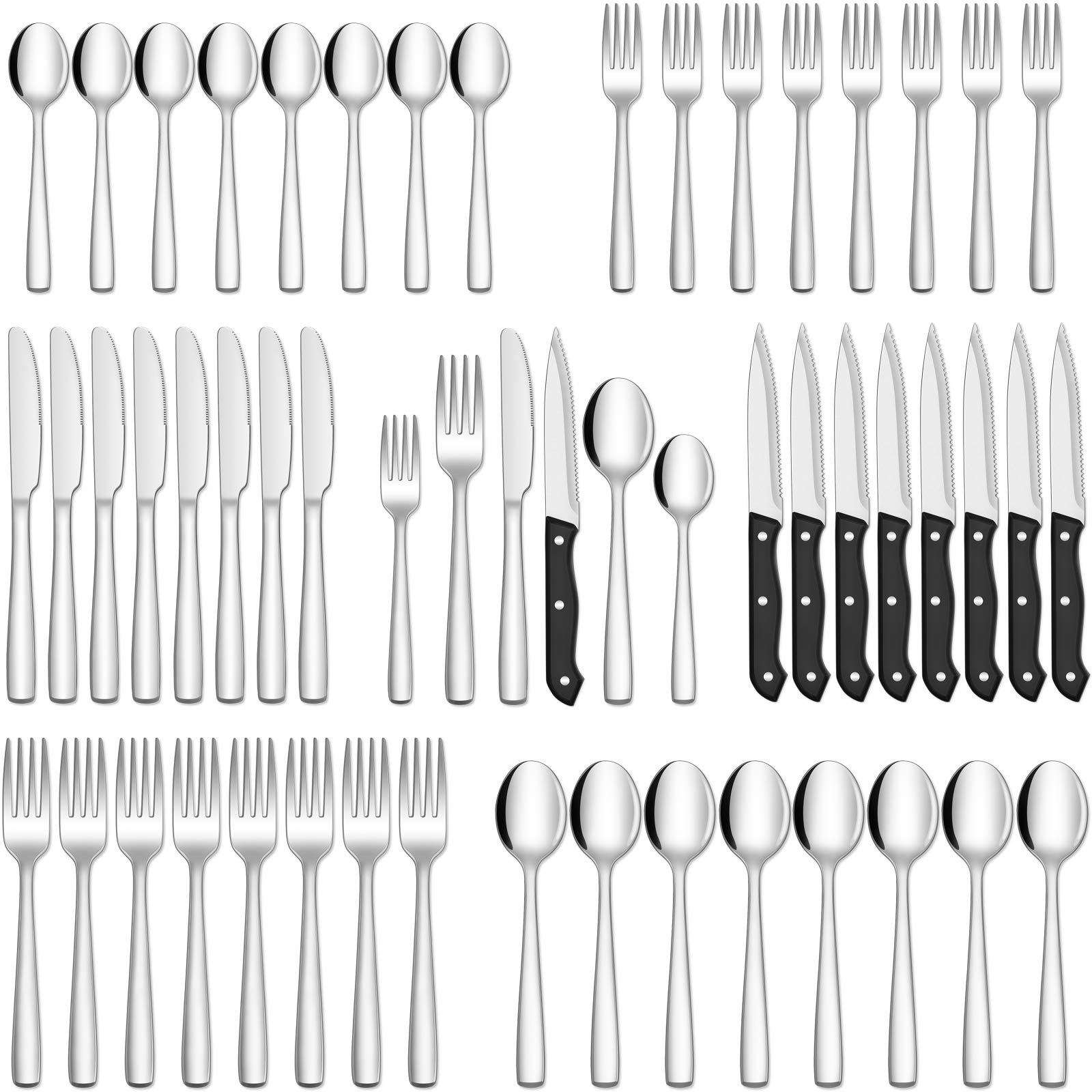 HIWARE48-Piece Silverware Set with Steak Knives for 8, 18/8 Stainless Steel Flatware Cutlery Set For Home Kitchen Restaurant Hotel, Kitchen Utensils Set, Mirror Polished, Dishwasher Safe