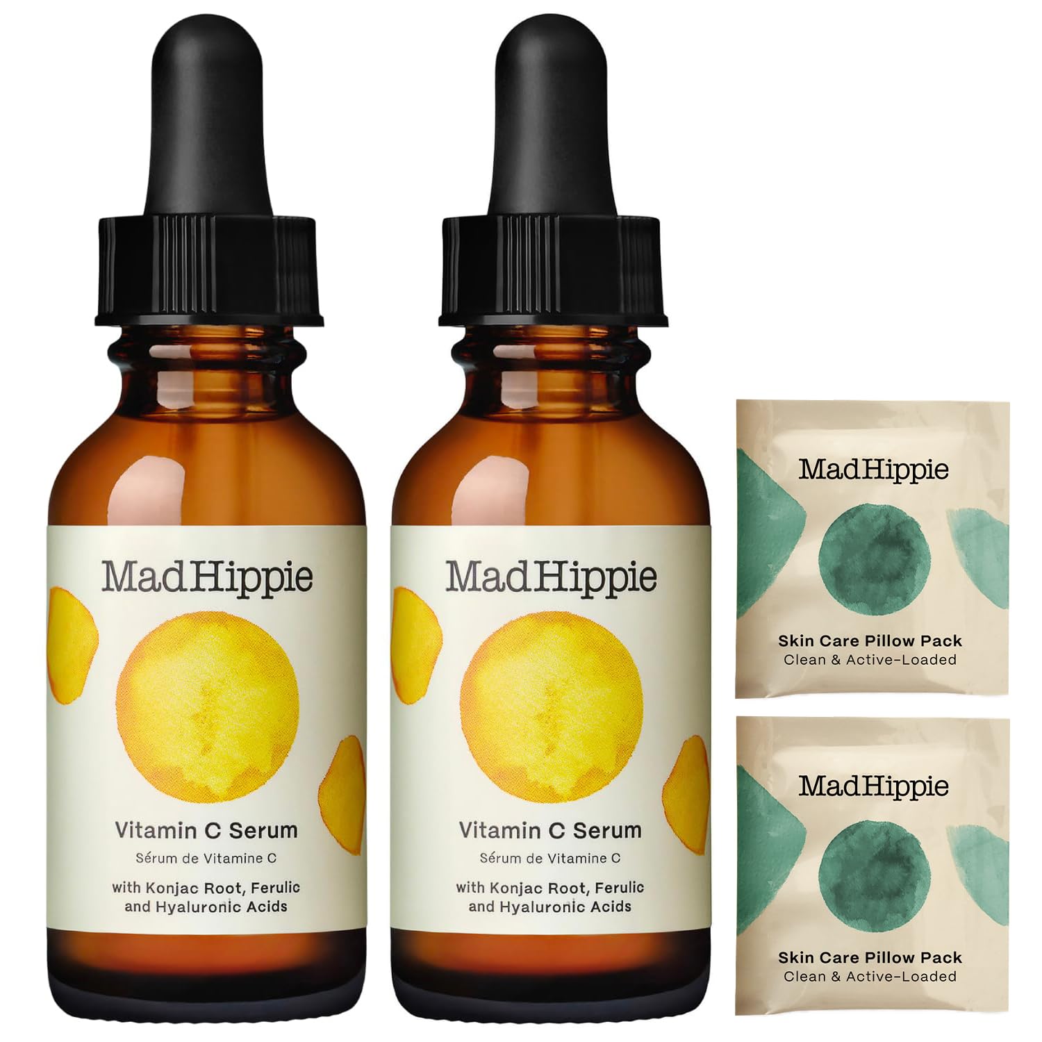 Mad Hippie Vitamin C Serum 2-Pack – Brightening Serum with Hyaluronic Acid, Ferulic Acid, Vitamin E, 1.02 Oz Ea + Varying Pillow Packs