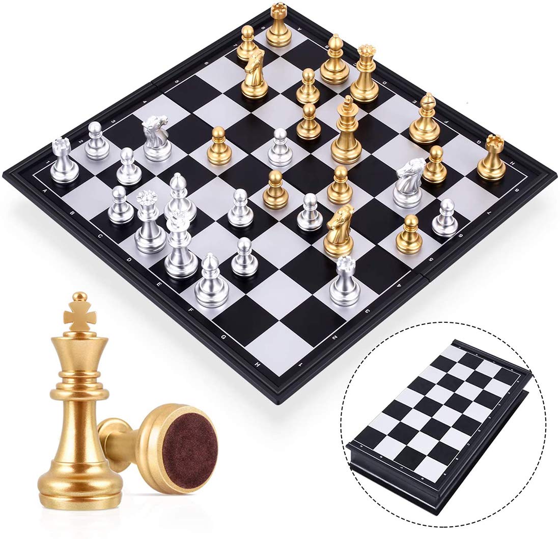 CharmCollectionTravel Chess Board Set Games - Magnetic Chess Piece with Portable/Foldable Board- Educational Toys For Kid/Children/Adults -Gold/Silver Chess Piece -Traditional Game Gift