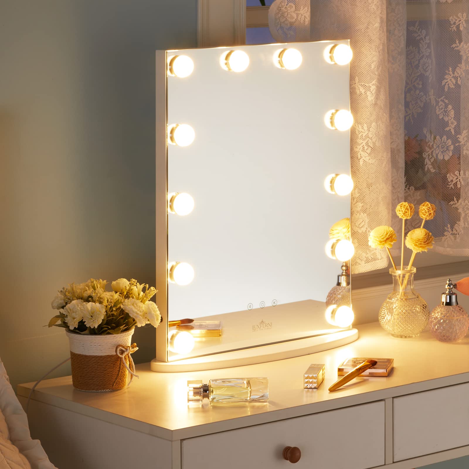 LUXFURNIVanity Tabletop Hollywood Makeup Mirror w/USB-powered Dimmable Light, Touch Control, 12 Day/Warm LED Light