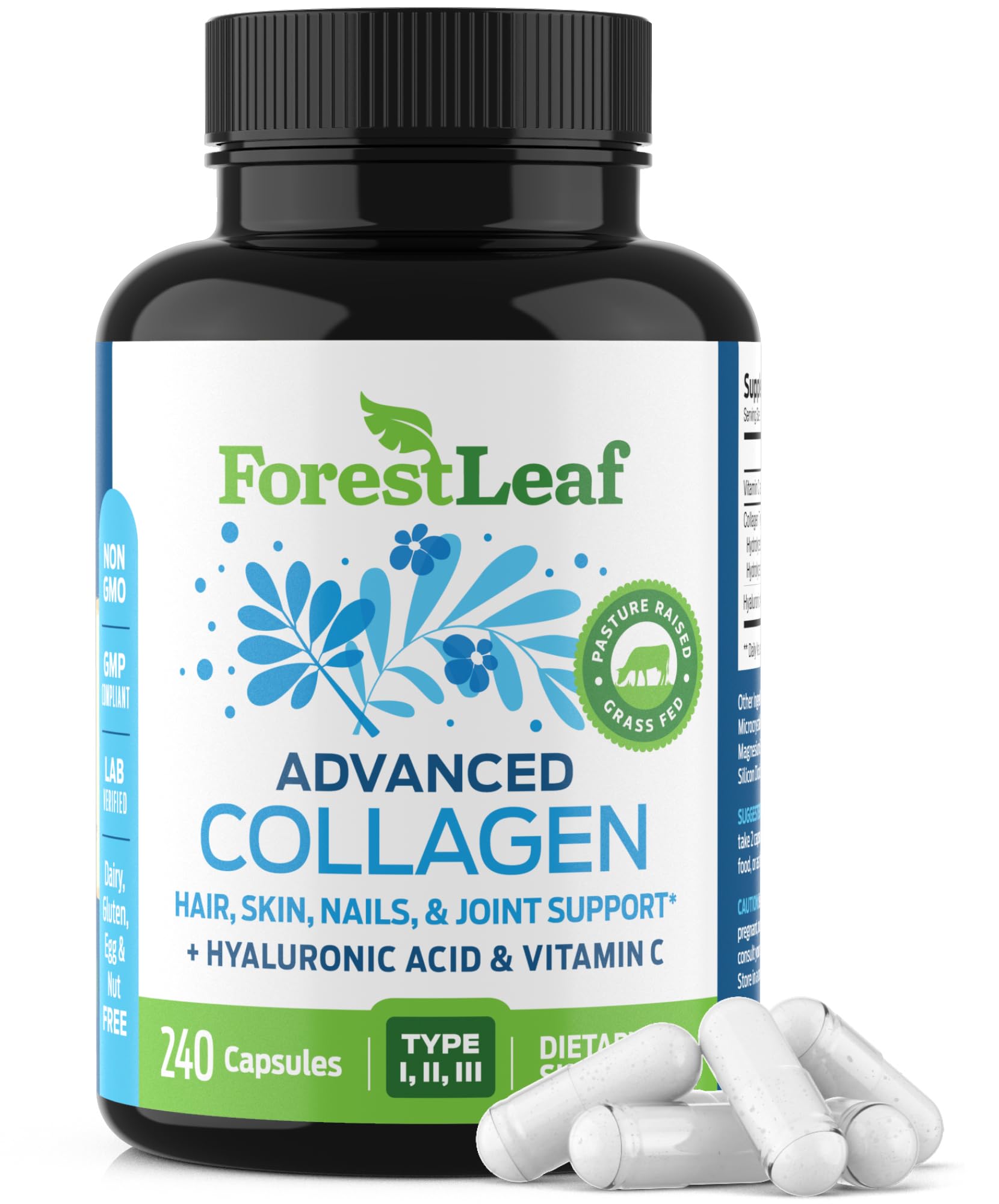 ForestLeaf Multi Collagen Pills - Collagen Men & Collagen Women - Hydrolyzed Collagen Supplements with Vitamin C & Hyaluronic Acid - Collagen Capsules for Hair, Skin & Nails (240 Peptide Capsules)