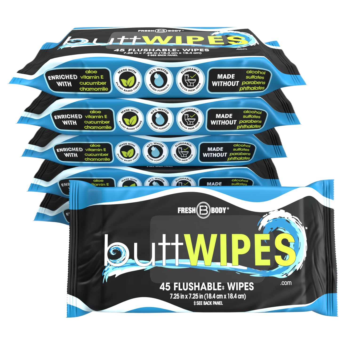 Buttwipes Flushable Wipes (6 Pack, 270 wipes) - Wipes Flushable Pack for Adults - Water-Based Butt Wipes with Aloe and Vitamin E - Made Without Alcohol or Added Fragrance