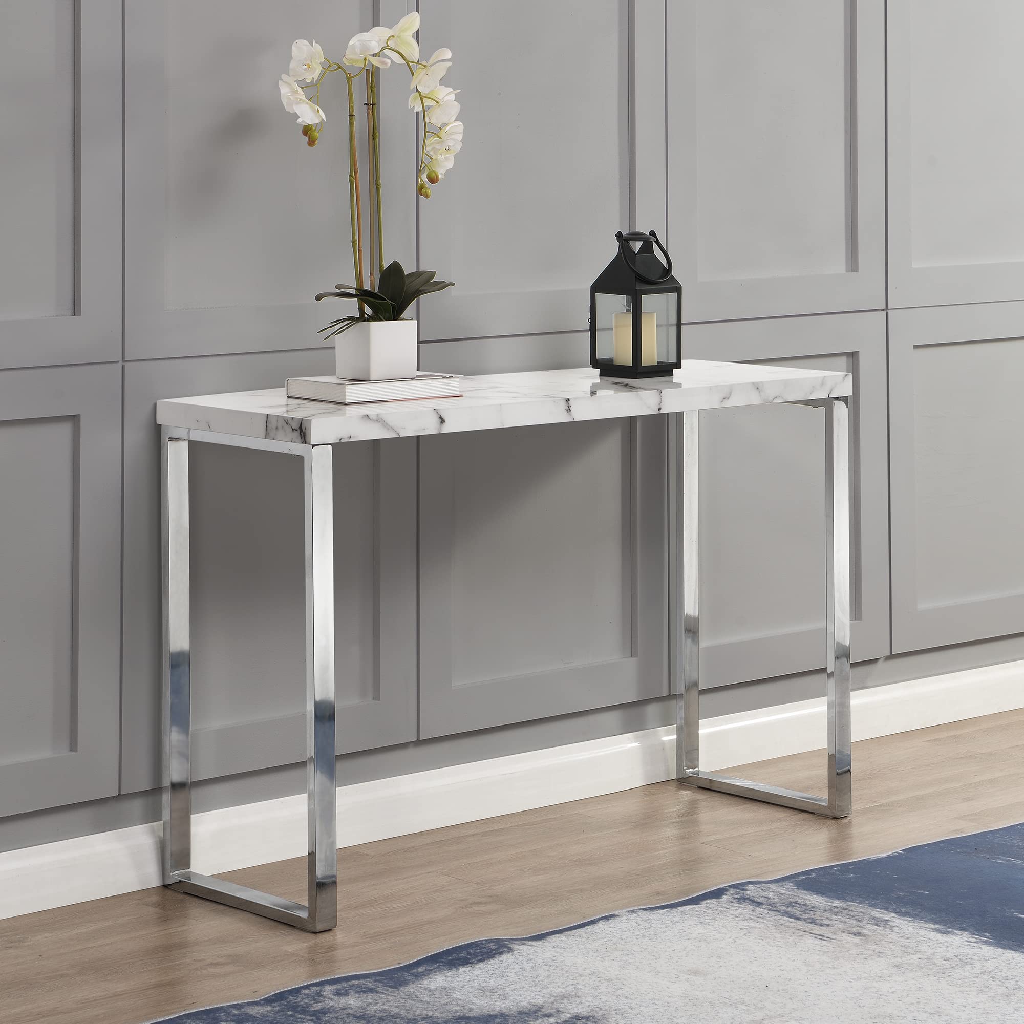 Cherry Tree Furniture BIASCA High Gloss Marble Effect 120cm Console Table with Silver Chrome Legs