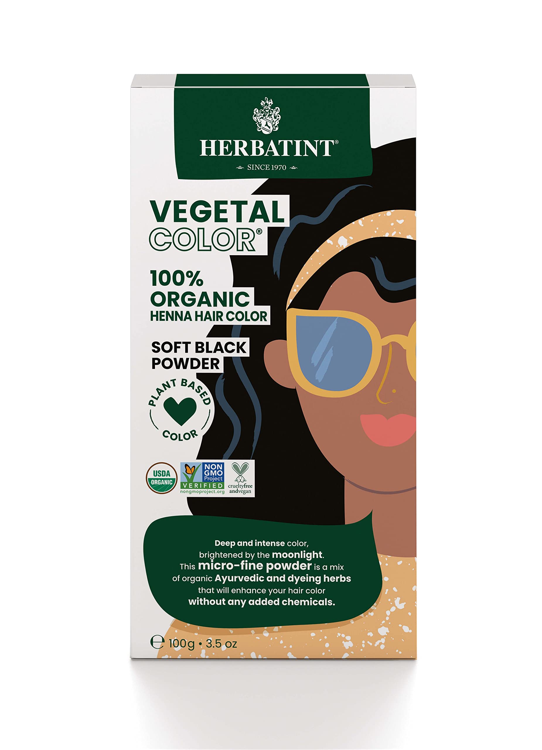 Herbatint Henna Color Organic Hair Dye - Plant-Based Henna Powder & Herbal Formula - Vegan - Soft Black - 3.5oz