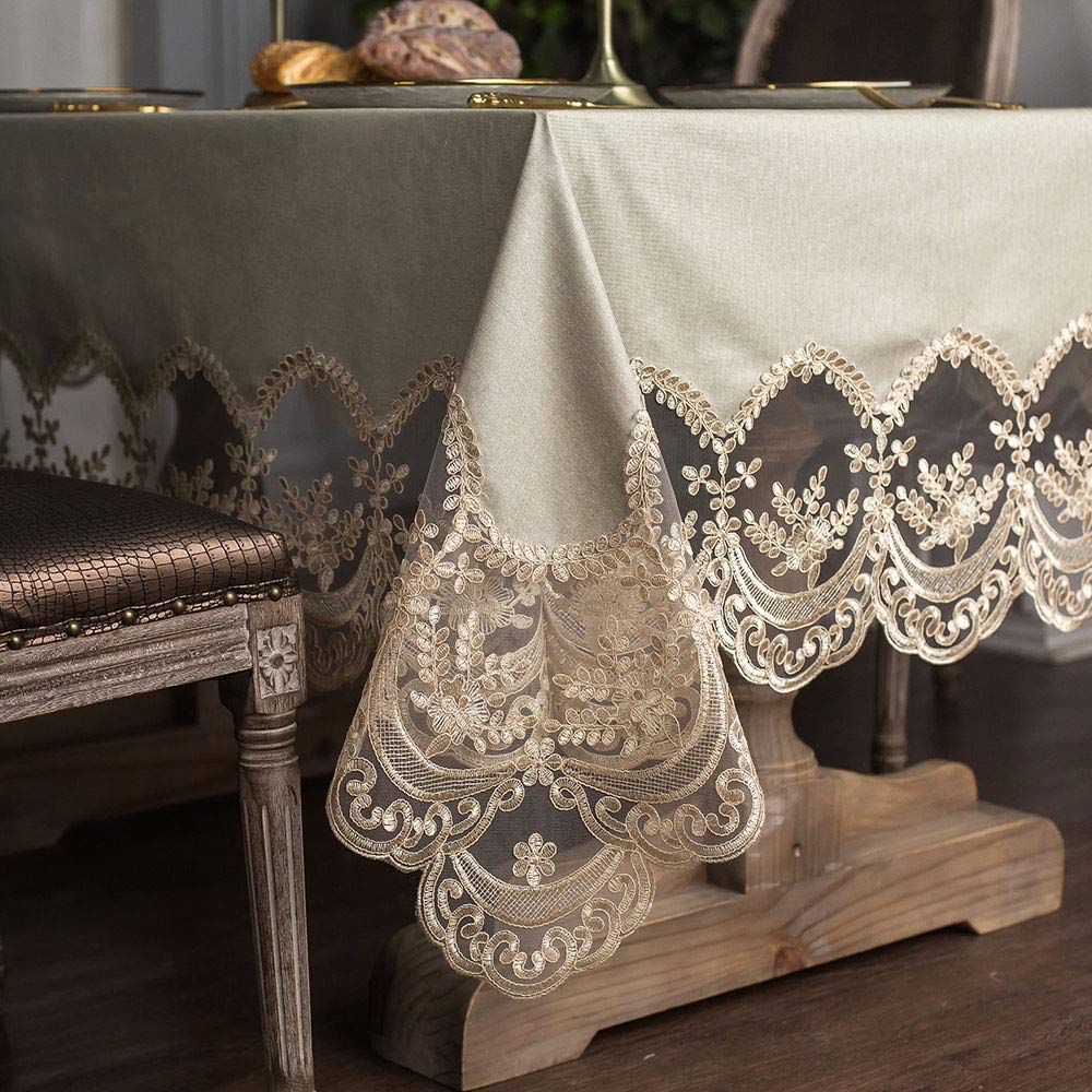 ARTABLE Vinyl Tablecloth Rectangle Waterproof Lace Table Cover with Exquisite Macrame Border for Wedding Kitchen Holidays Party Decor (Champagne, 60 x 104 Inch)