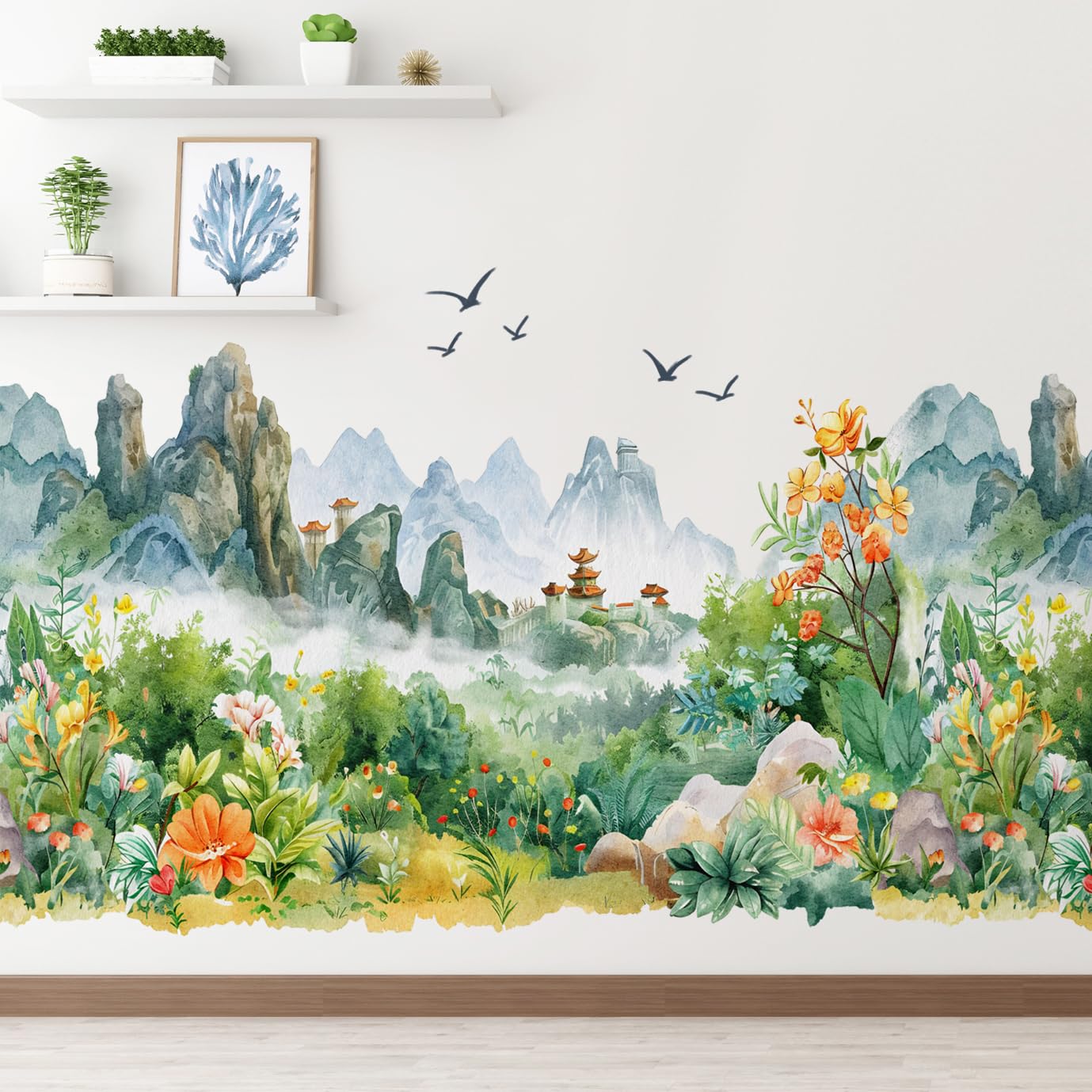 AM AMAONM Chinese Style Nature Mountain Landscapes View Wall Stickers Watercolor Green Plants Flowers Wall Decals 3D Peel and Stick Wall Art Decor for Nursery Home Wall Corner