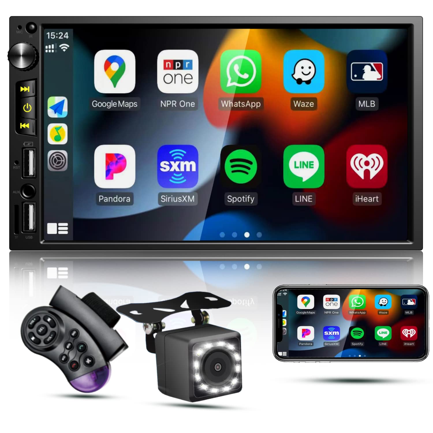 Double Din Car Stereo with Apple Carplay,7 Inch Car FM Radio with Bluetooth,IPS Touch Screen,with Car Backup Camera,Steering Wheel Controls,Android Auto,USB/TF/GPS Navigation,Mirror Link,7'' Car Audio