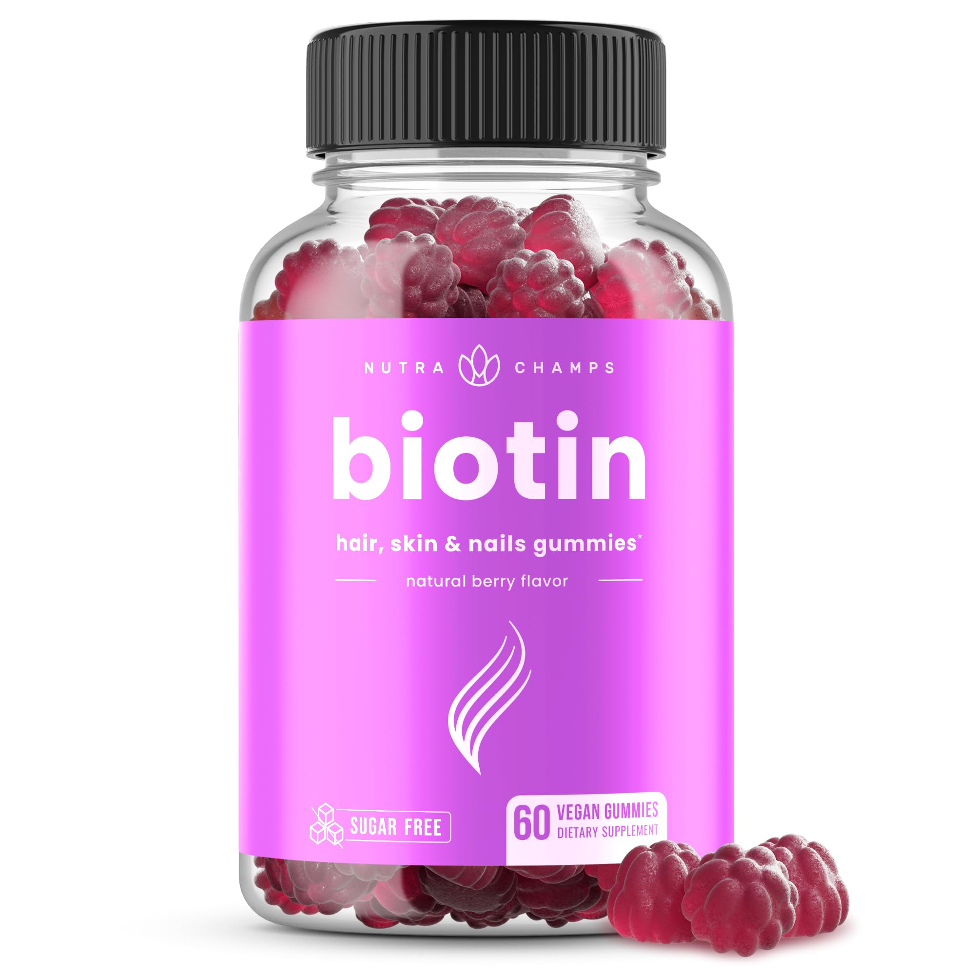 NutraChamps Sugar Free Biotin Gummies 10000mcg [High Potency] - Healthy Hair, Skin & Nails for Women, Men & Kids - 5000mcg in Each Gummy - Vegan, Non-GMO, Hair Health Vitamins Supplement - Raspberry