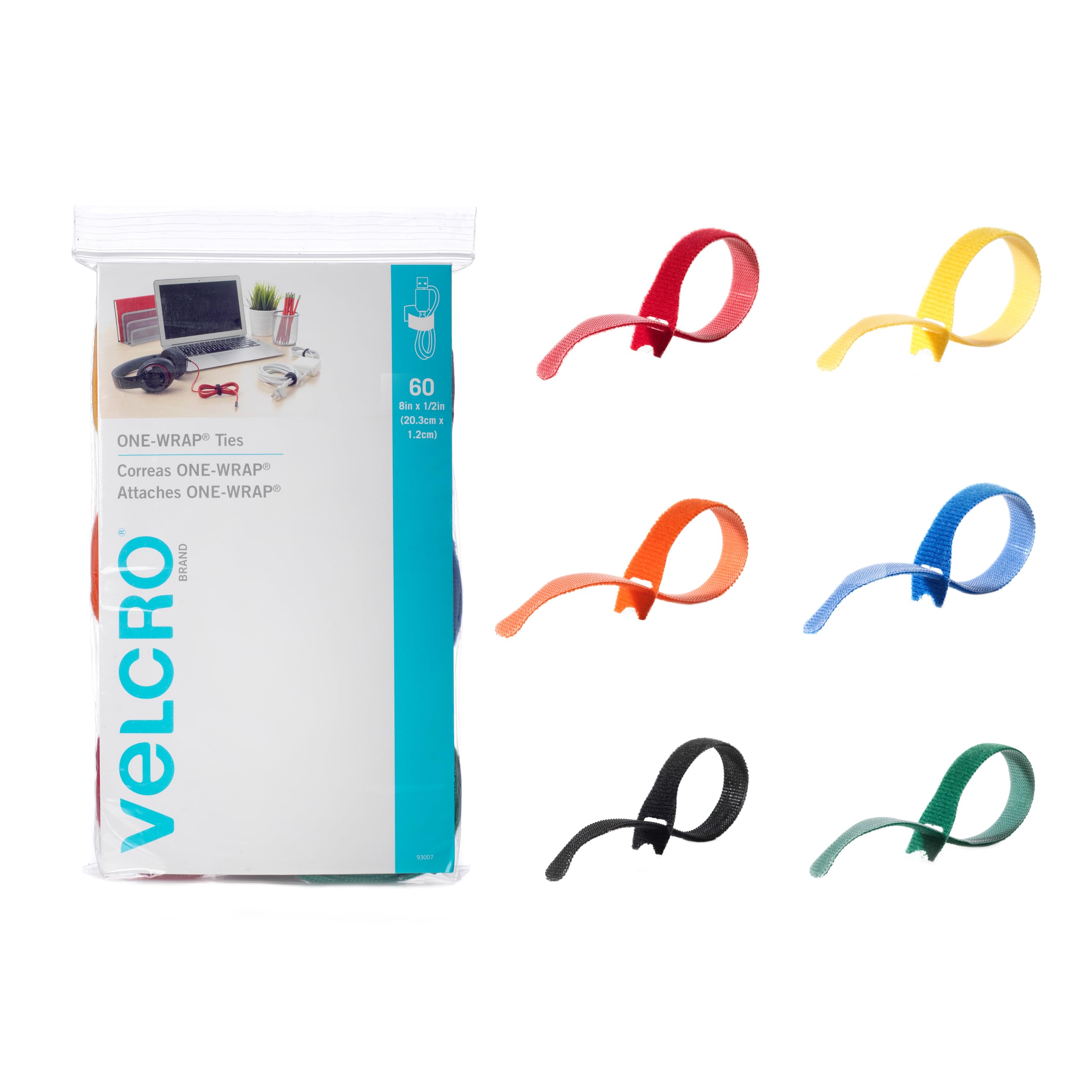 VELCRO Brand One-Wrap Cable Ties | 60Pk | 8 X 1.3 cm Straps, Multicolor | Strong REUsable Wire Management | Cord Bundling For Home Office And Data Centers