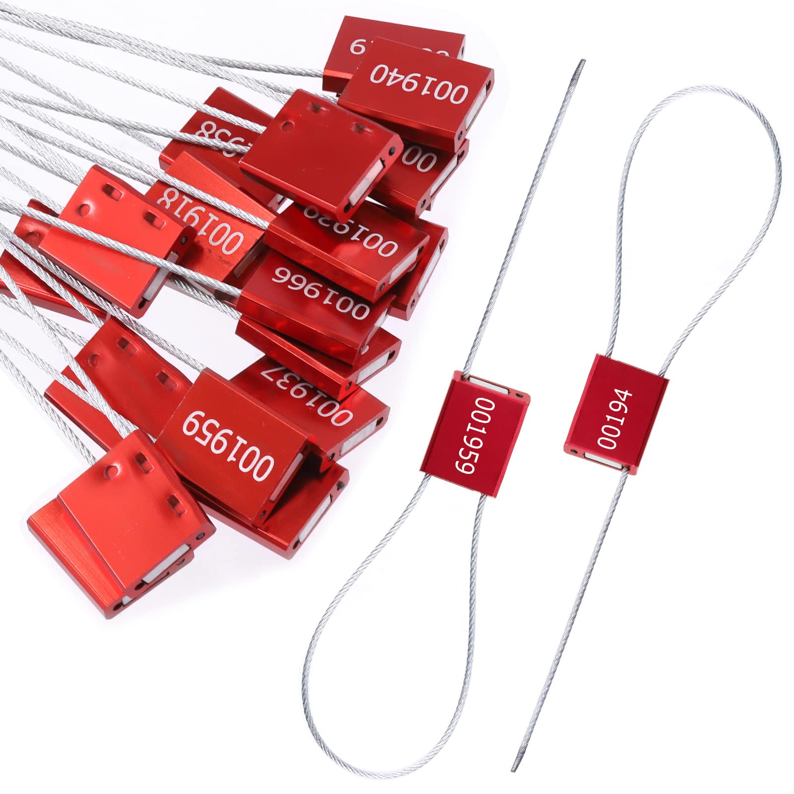 Tanstic 20Pcs Red Steel Security Seals with Aluminum Body, Security Cable Wire Seals Numbered Security Tags Pull Tight Numbered Anti-Tamper Security Tags, Printed with Unique ID Recognition