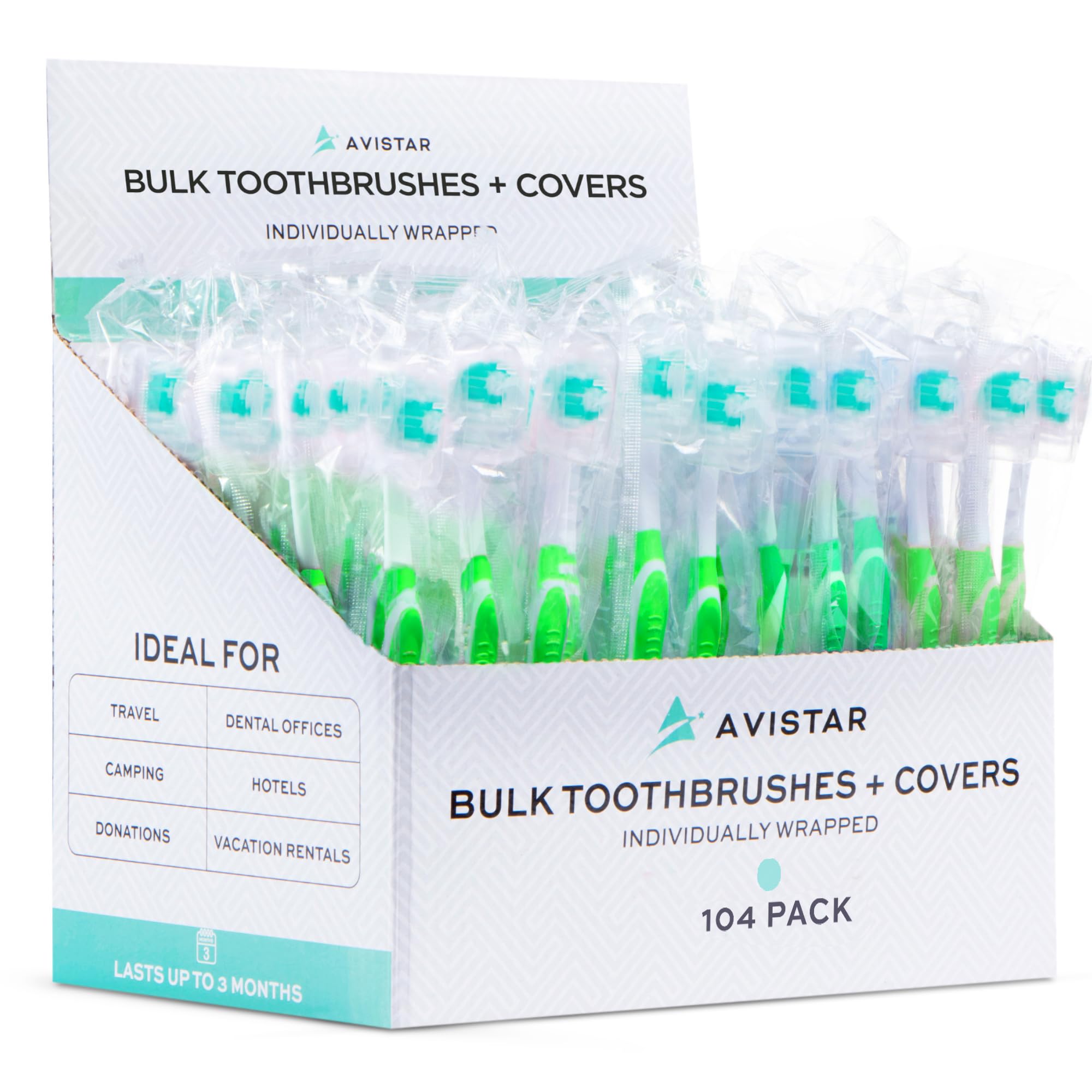 Avistar 104 Pack Bulk Toothbrushes w/Cover Caps, Individually Wrapped Disposable Travel Toothbrush, Value Size, Long Lasting 3+ Months, Med-Soft Manual Teeth Brush Bristles - Green