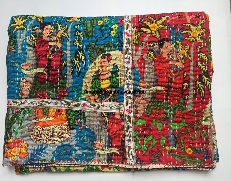 Sambhav Quilt HubSambhav Quilt Hub Multi Color Frida Boho Less Handmade Quilted Blanket Indian Cotton Frida Khalo Print Bedspread Kantha Work Bohemian Bed Decor Throw Blanket Twin/King/Queen (90X108 inches)