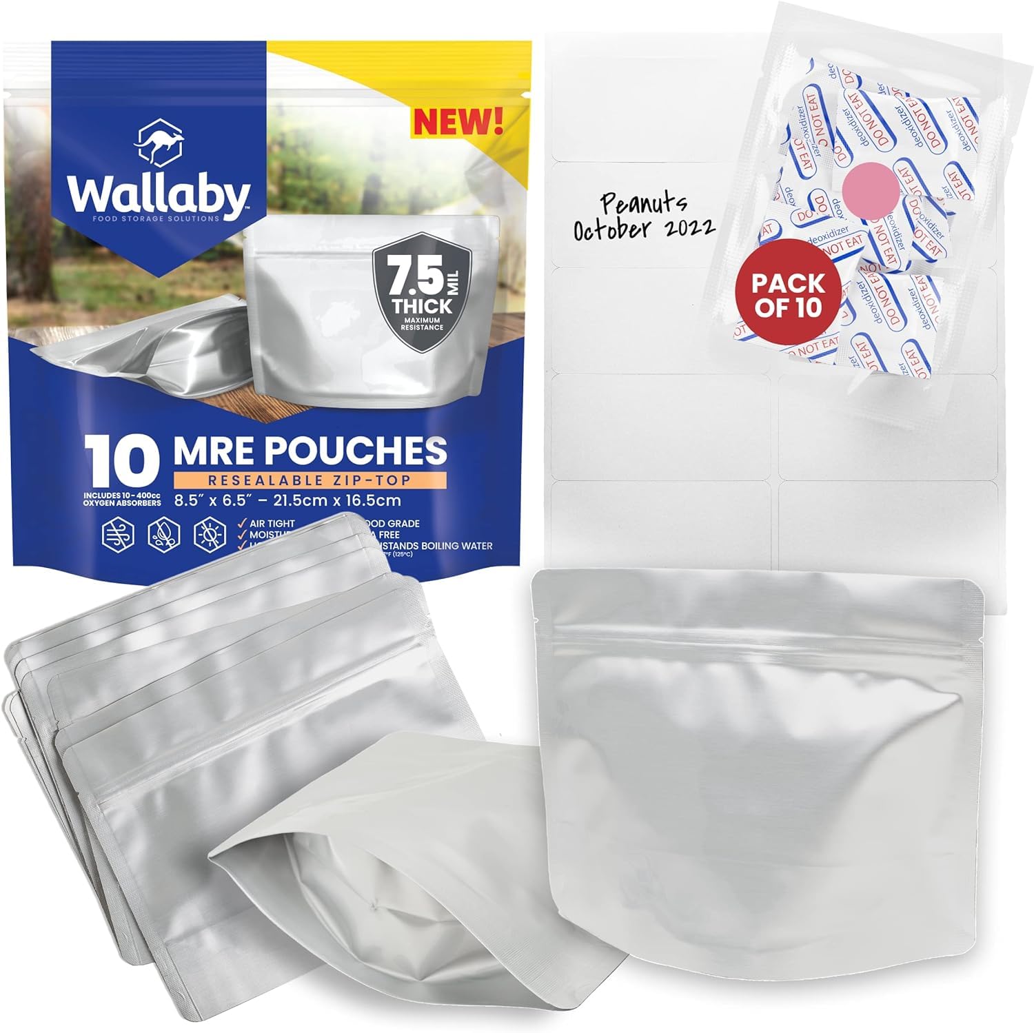 WallabyMRE Mylar Bag Bundle - 10x (7.5 Mil - 6.5" x 8.5’’) Stand-Up Zipper Pouches, 10x 400cc Oxygen Absorbers - Heat Sealable & Withstand Boiling Water - Long-Term Food Storage Solutions - Silver