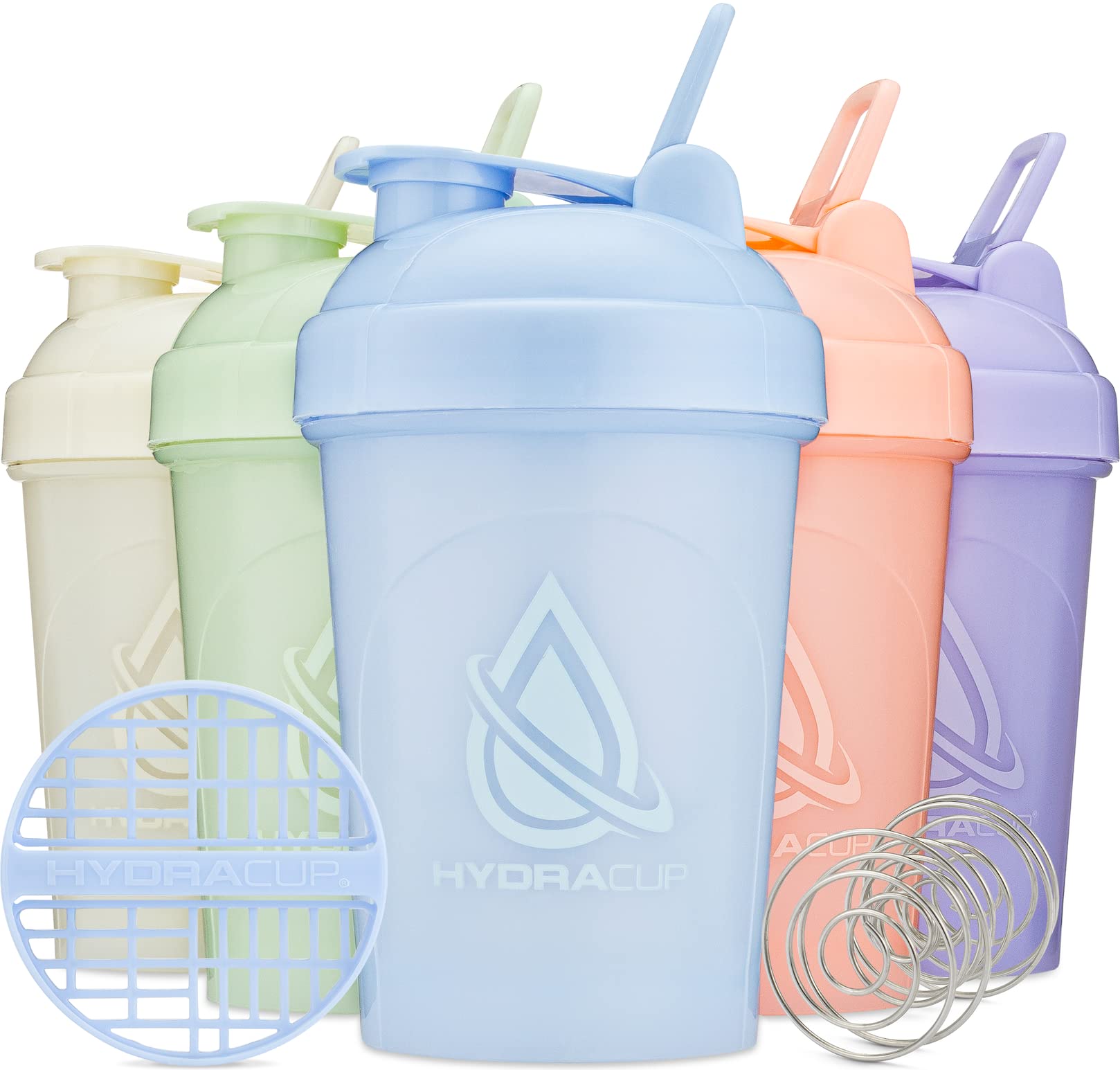 HydraCup [5 Pack] - 20oz Shaker Bottle for Protein Mixes, Blender Wire Ball & Mixing Grid, Shaker Cup BPA Free, Shakes Value Pack