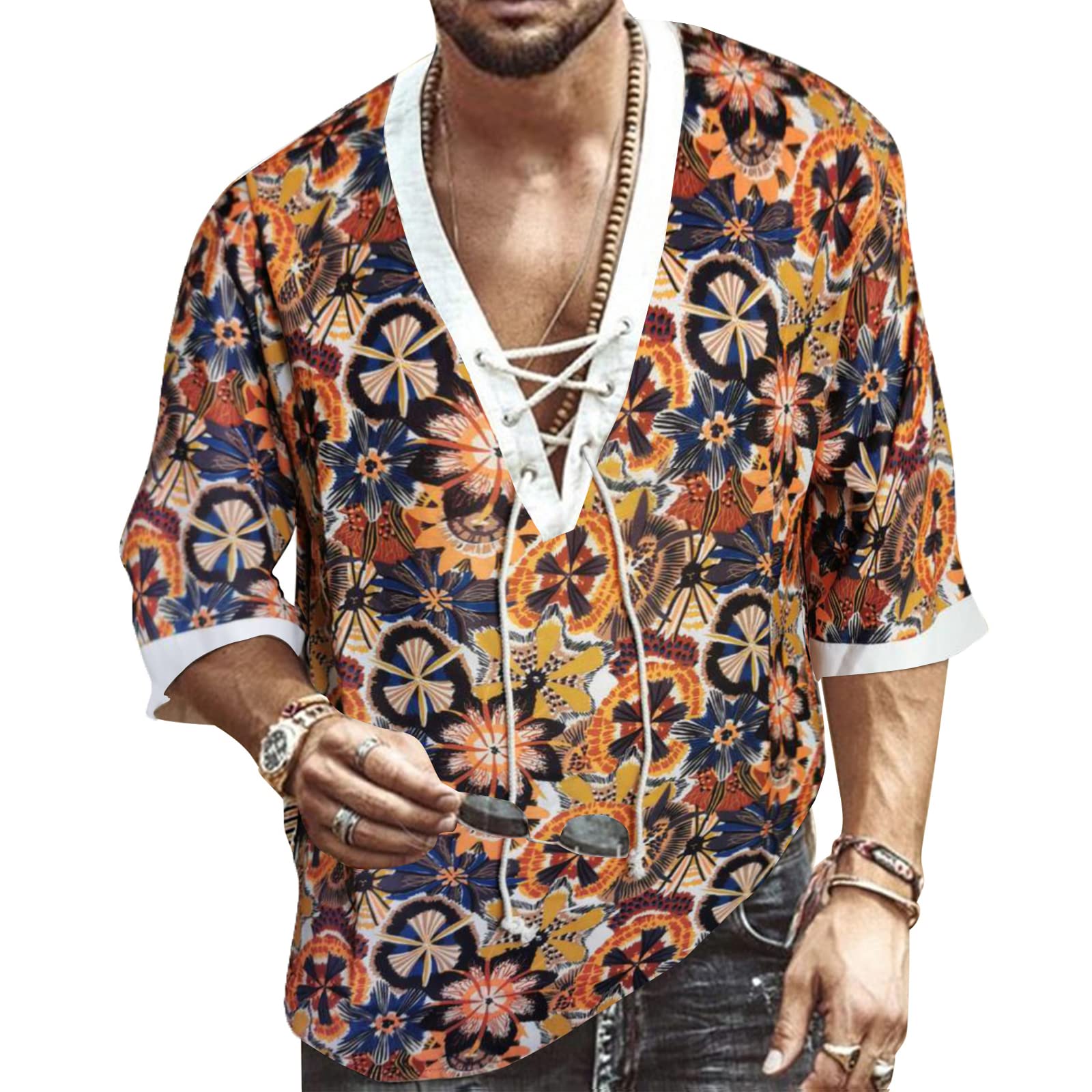 Men's Fashion Shirt Short Sleeve Beach V-Neck Drawstring Printing Yoga African Summer Top