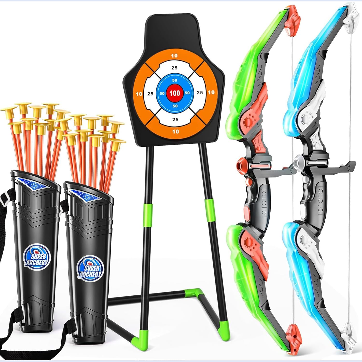 Masroo 2 Pack Archery Set - Includes 2 Bows, 20 Suction Cup Arrows & 2 Quivers & Standing Target, Outdoor Light Up Toys for Indoor Outdoor Sport Gifts for Boys Girls Ages 4-12