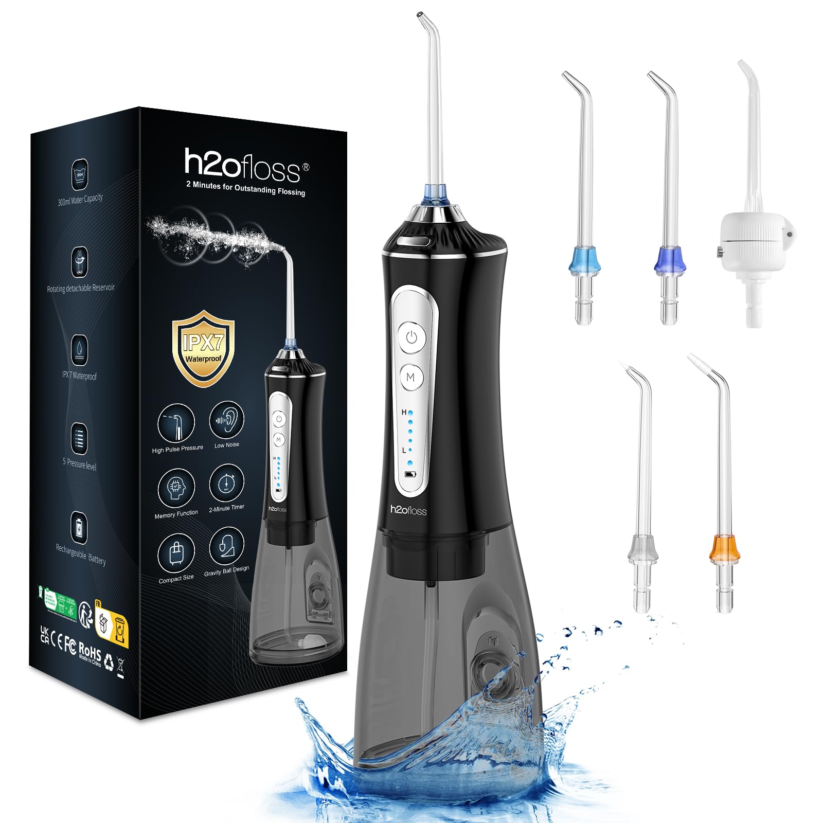 H2oflossWater Dental Flosser for Teeth Cleaning,Cordless Water Teeth Cleaner Picks,Portable & Rechargeable Oral Irrigator with 5 Modes,IPX7 Waterproof Powerful Battery for Home Travel-Black