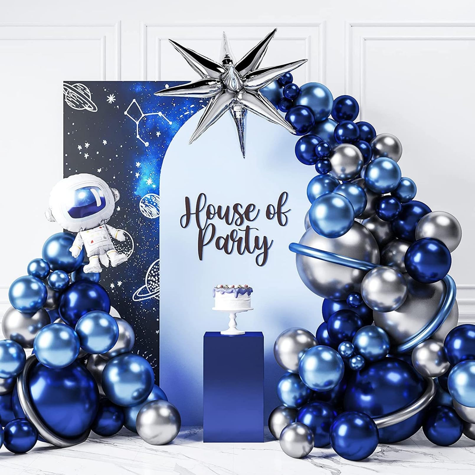 AM ANNAGalaxy Balloon Garland Kit with Chrome Blue, Silver Navy Blue Balloons Astronaut Moon Sliver Explosion Star Foil Balloons for Kid Space Party Decorations or Baby Shower Supplies(Galaxy)