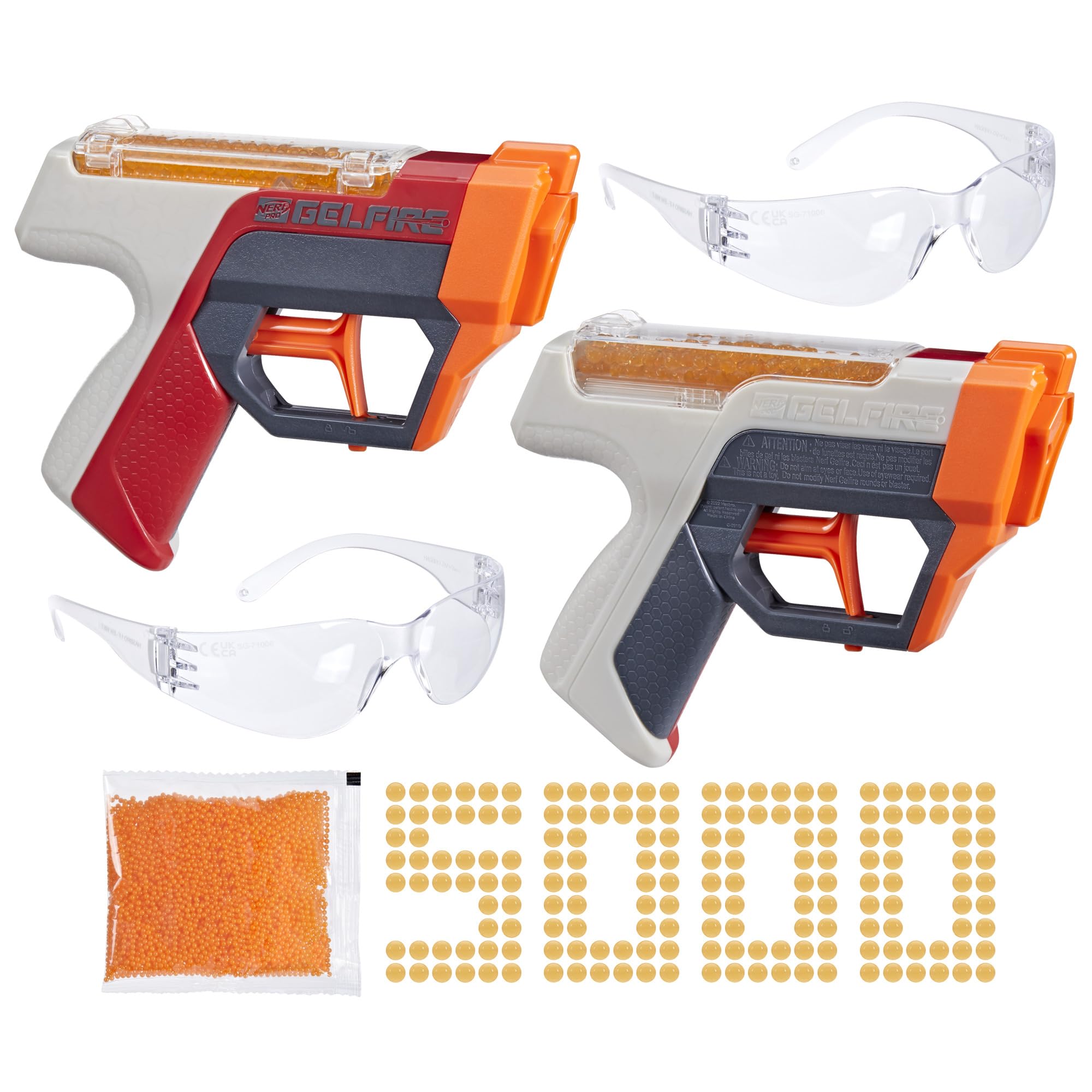 NerfPro Gelfire Dual Wield Pack, 2 Blasters, No-Prime Firing, 5000 Gelfire Rounds, 2X 100 Round Integrated Hoppers, 2 Eyewear, Ages 14 & Up