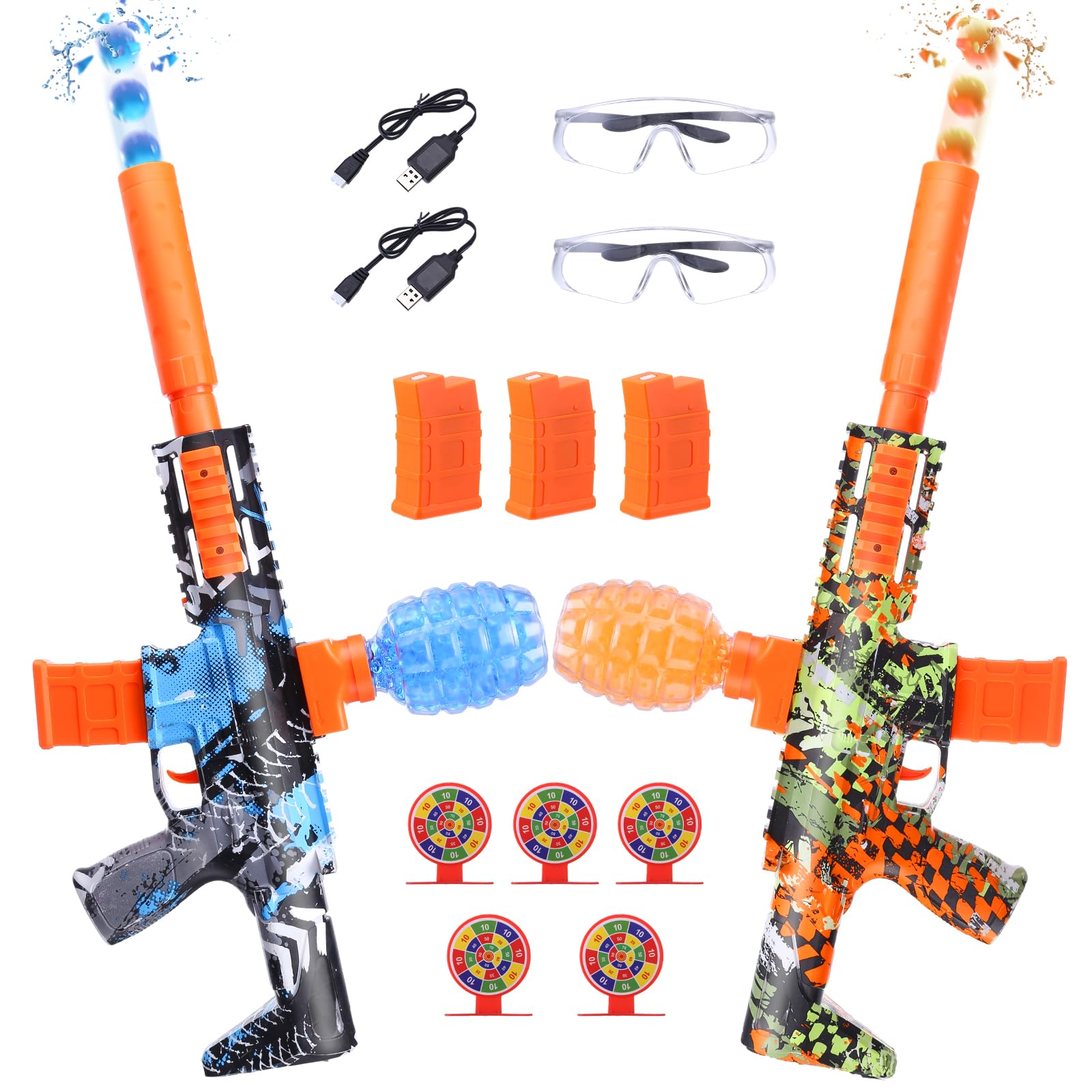 2 Pack Gel Splatter Blasters, Full Auto Electric Splatter Ball Toy, 10 Rounds Per Seconds, 50000+, 600 Hopper, 3 Rechargeable Batteries, Outdoor Activities Team Game Toy for Age 12+ Year Up