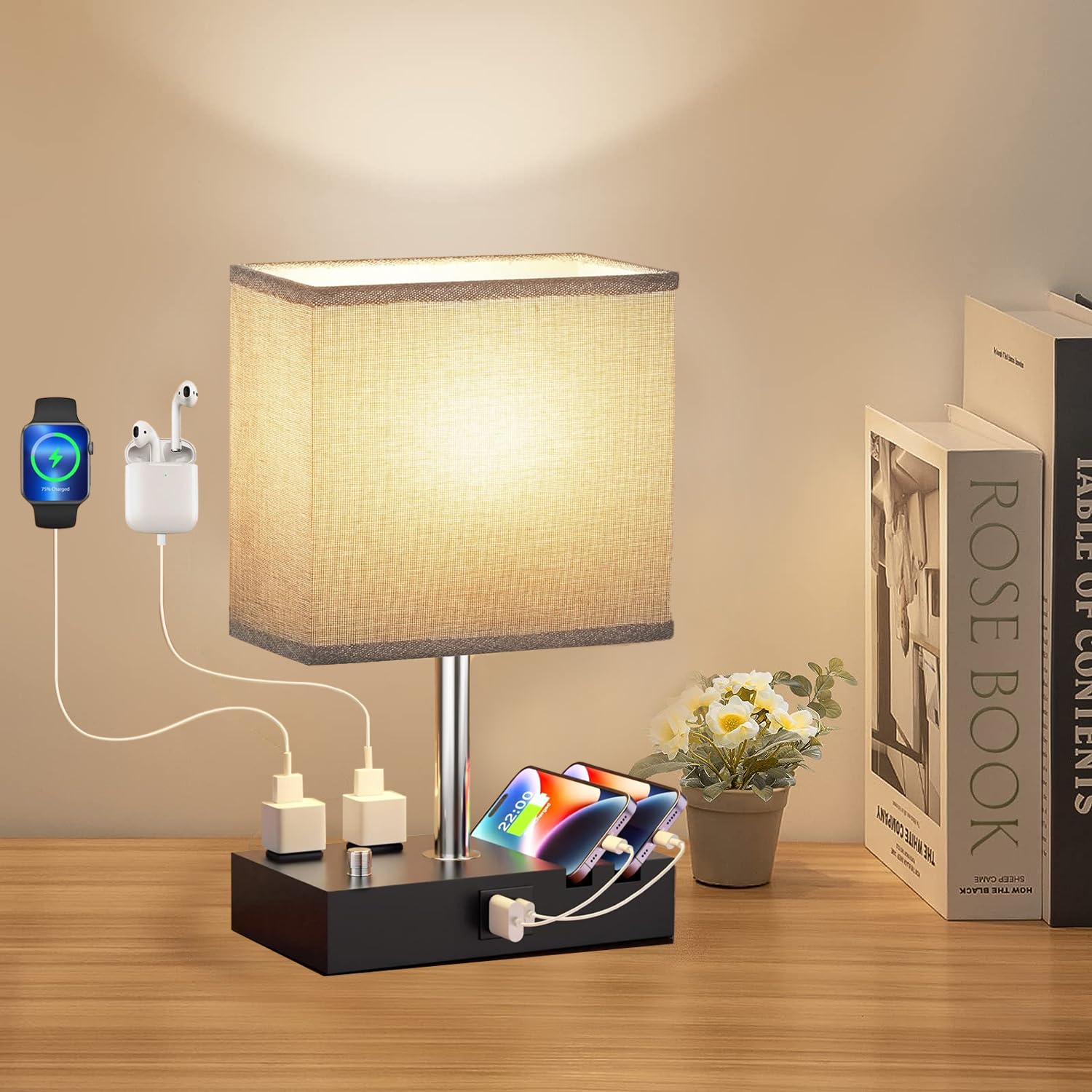 LENNDFully Dimmable Nightstand Lamp for Bedroom with USB C Ports, Grey Small Bedside Table Lamp with Charging Outlets and Phone Stands, Wooden Desk Lamp for Living Room, LED Bulb Included