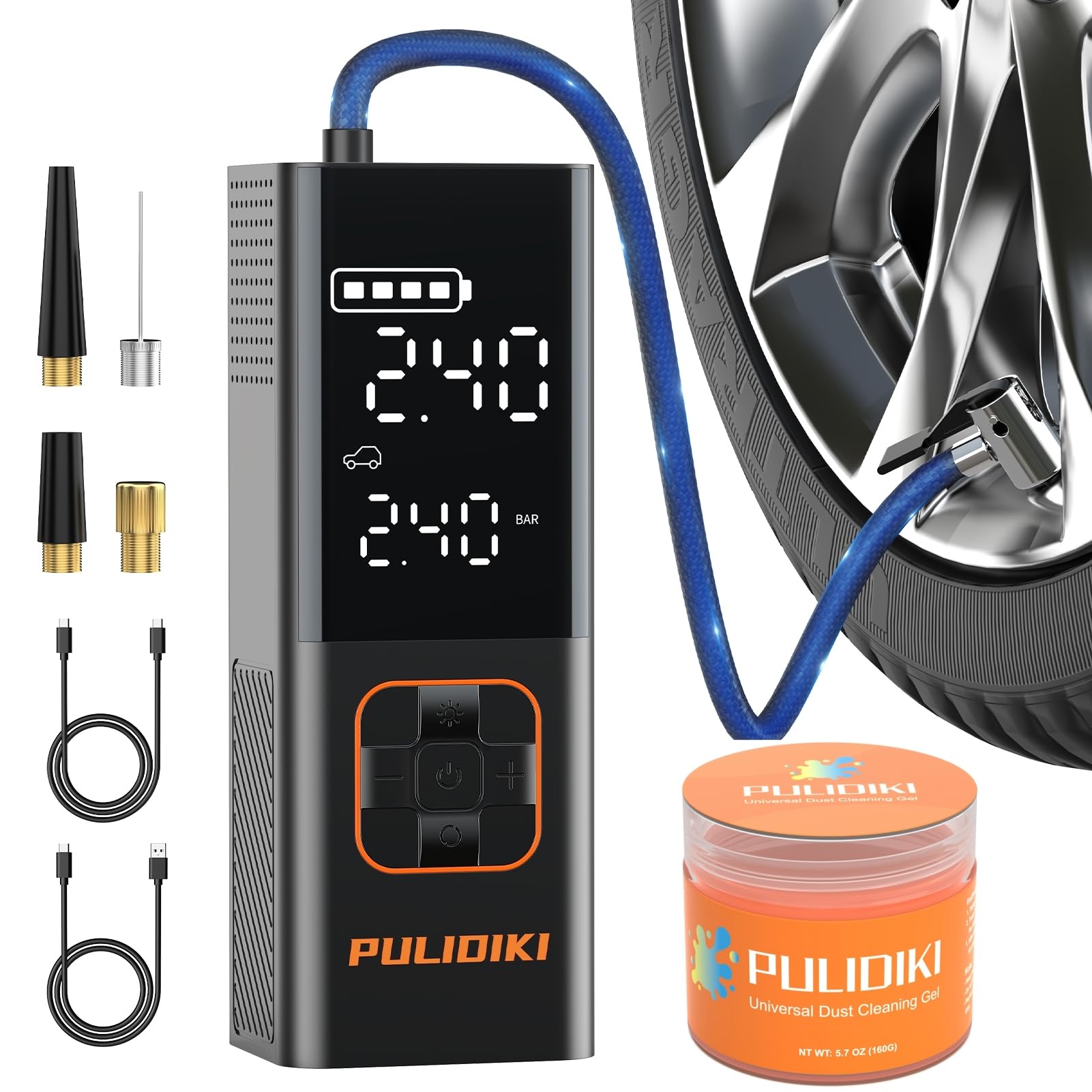 PULIDIKICar Cleaning Gel Orange, Tire Inflator Portable Air Compressor