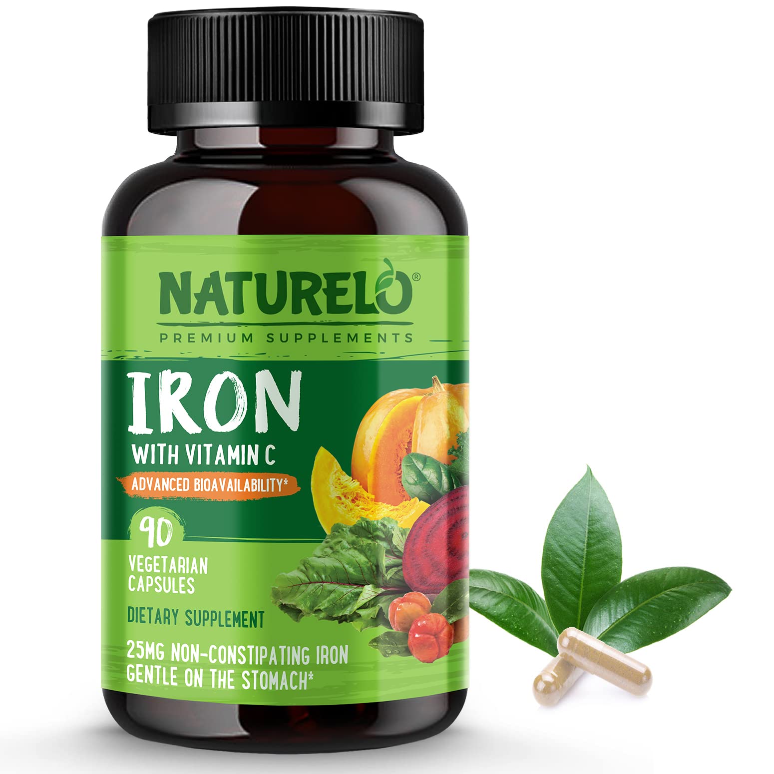 NATURELO Vegan Iron Supplement with Vitamin C and Organic Whole Foods - Gentle Pills for Women & Men w/Iron Deficiency Including Pregnancy, Anemia Diets 90 Mini Capsules