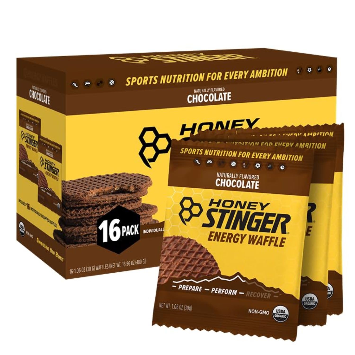 Honey StingerOrganic Chocolate Waffle | Energy Stroopwafel for Exercise, Endurance and Performance | Sports Nutrition for Home & Gym, Pre and Post Workout | Box of 16 Waffles, 16.96 Ounce