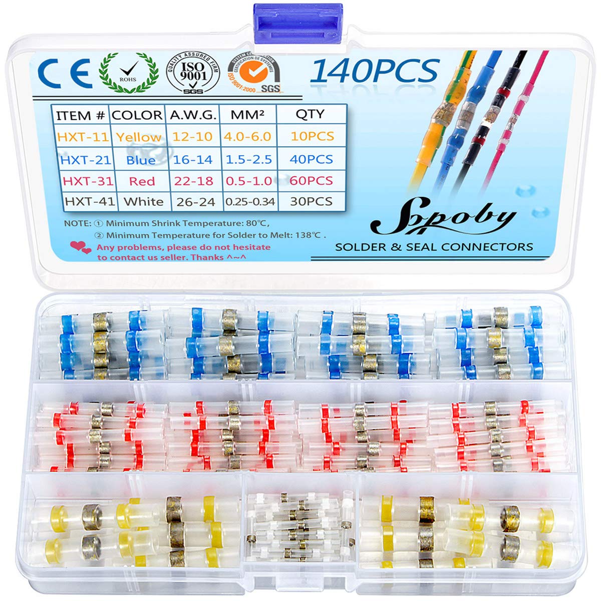 140 PCS Solder Seal Wire Connectors - Sopoby Heat Shrink Solder Connectors - Electrical Solder Butt Connectors - Insulated Waterproof Solder Connector Terminal Kit Marine Automotive Home Wiring