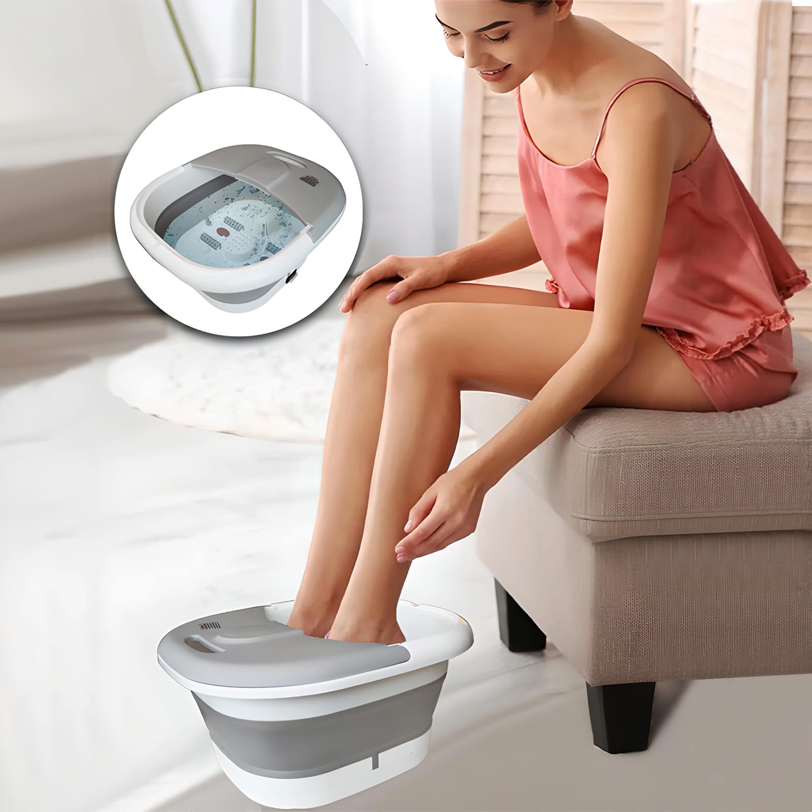 ToshionicsFoldable Foot Spa With Heating Bubbles Shiatsu Massager Rollers Mini Feet BathTub Basin Pedicure Bucket For Relieving Fatigue And Body Stress Home Relax Foot Spa Treatment (Grey And White)