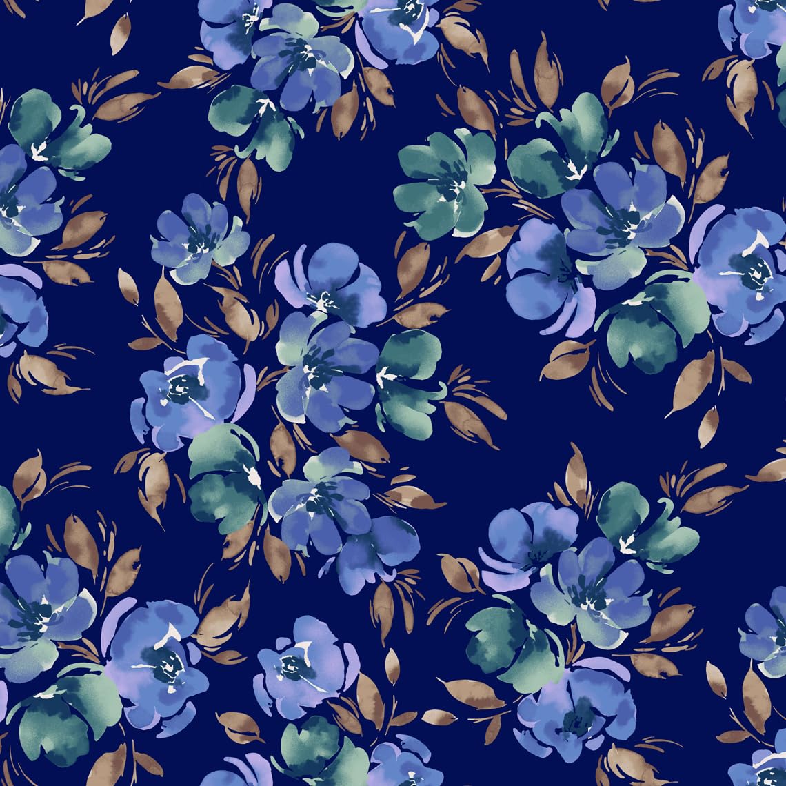 Navy Blue Turquoise Large Flowers Printed on Scuba Crepe Techno Knit Fabric by The Yard - Style P-3438-702