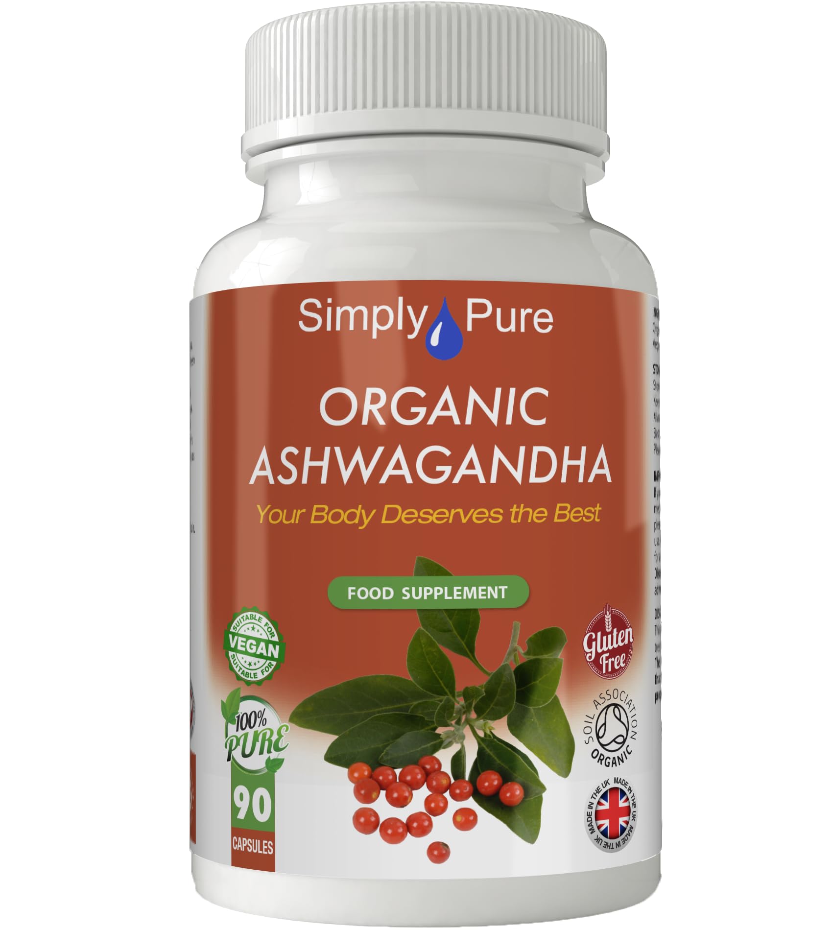 Simply Pure Organic Ashwagandha Capsules for Calm, Sleep and Stress Resilience, 500mg x 90, 100% Pure Soil Association Certified, Gluten Free, GM Free, Vegan