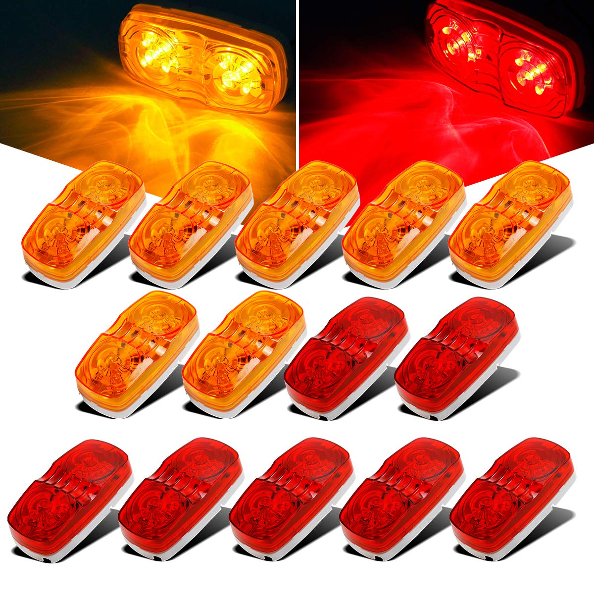 Partsam 14x Trailer RV Marker LED Light Double Bullseye 10 Diodes Clearance Light Red/Amber,[DOT Approved] 4x2 Tiger Eye/Double Bubble 12V Rectangular LED Side Marker Light Surface Mount Camper Truck