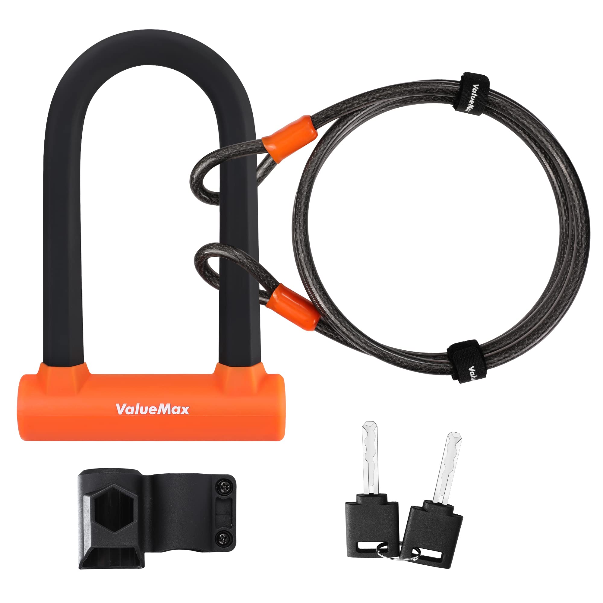 ValueMax Bike Lock Set, Heavy Duty U-Lock Plus 1.8m Security Cable, with Sturdy Mounting Bracket and Keys, Bike Lock Combination for Bicycle, Scooter, Electric Bike