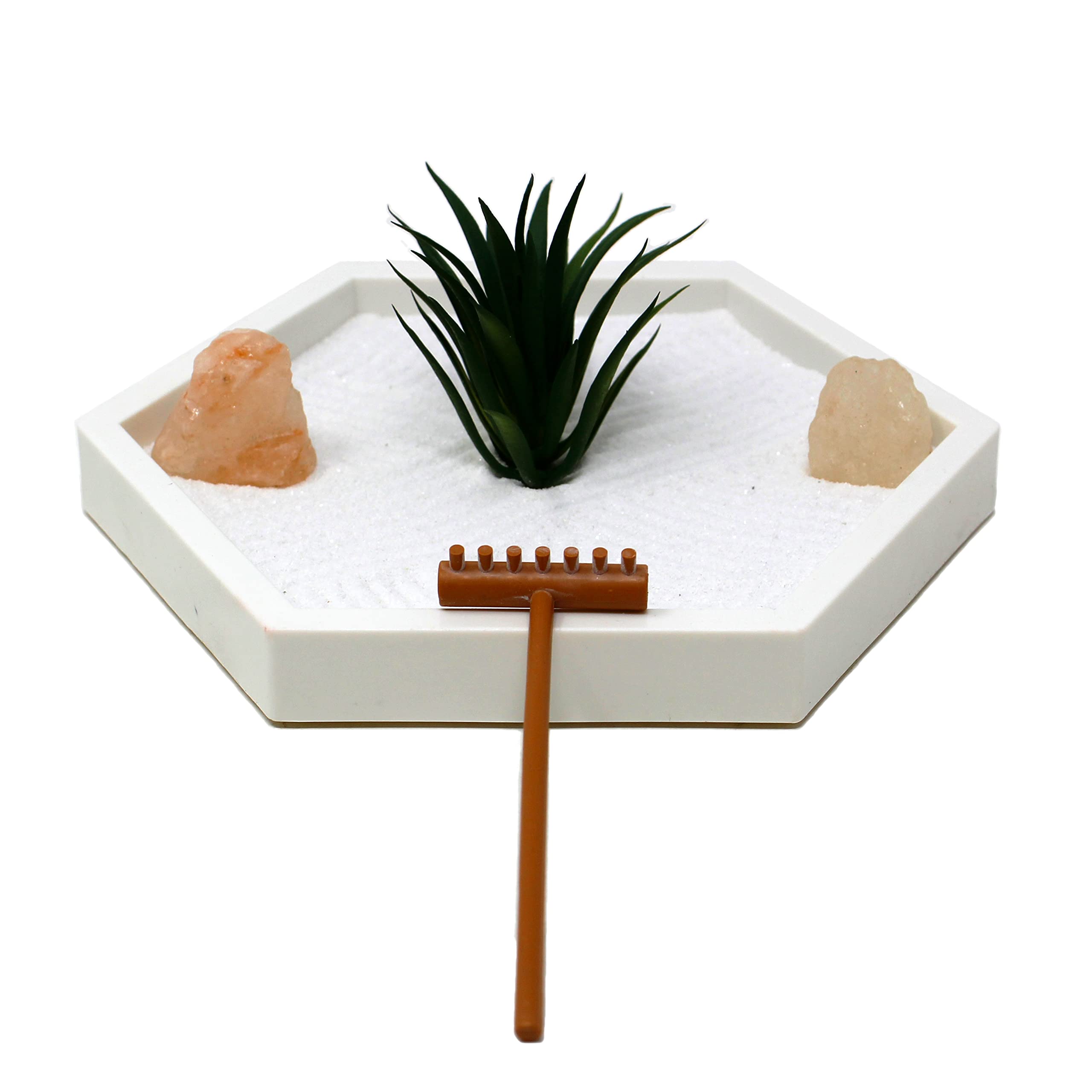 Nature's MarkMini Zen Garden Kit for Desk with White Sand, Rake, White Base, Salt Rock and Air Plant (Hexagon)