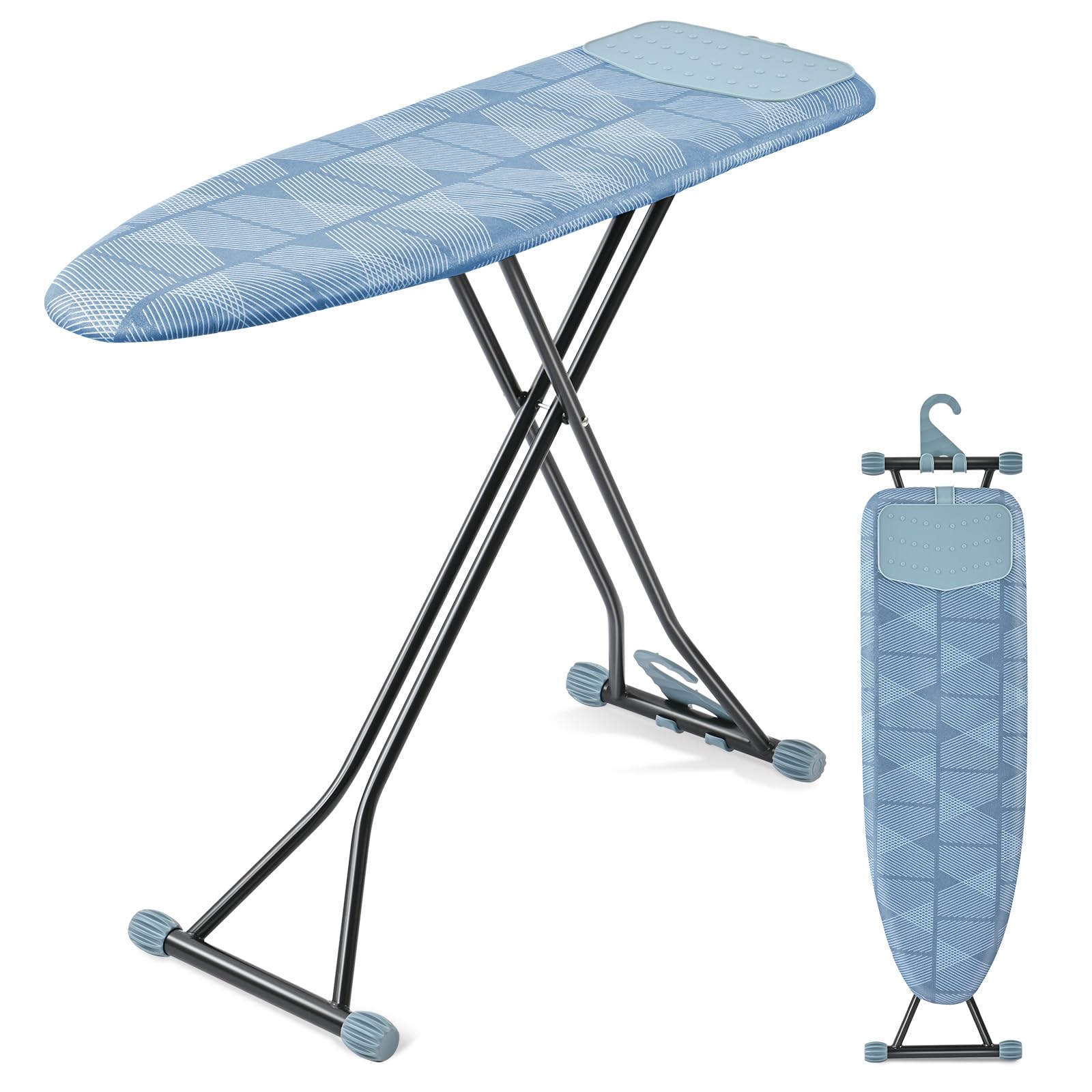 APEXCHASER Ironing Board, Iron Board with Silicon Iron Rest, Extra Thick Heat Resistant Cover, Height Adjustable, Wall Mount & Closet Hanger Heavy Duty Legs 13x43 Blue