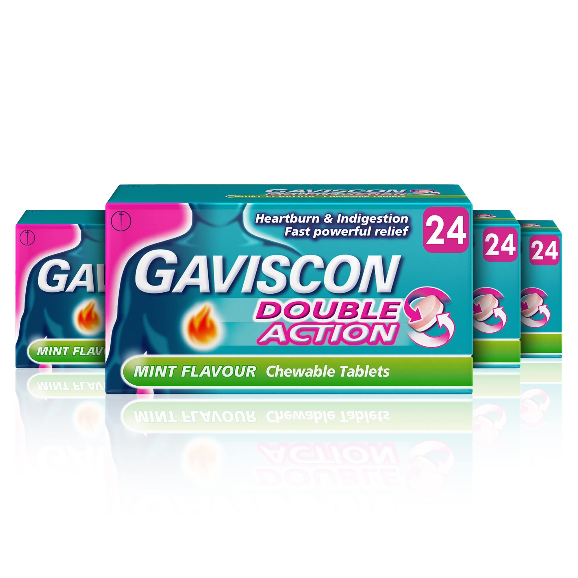 Gaviscon Double Action Heartburn and Indigestion Tablets, Mint Flavour, Pack of 4 x 24 Tablets, Total 96 Tablets