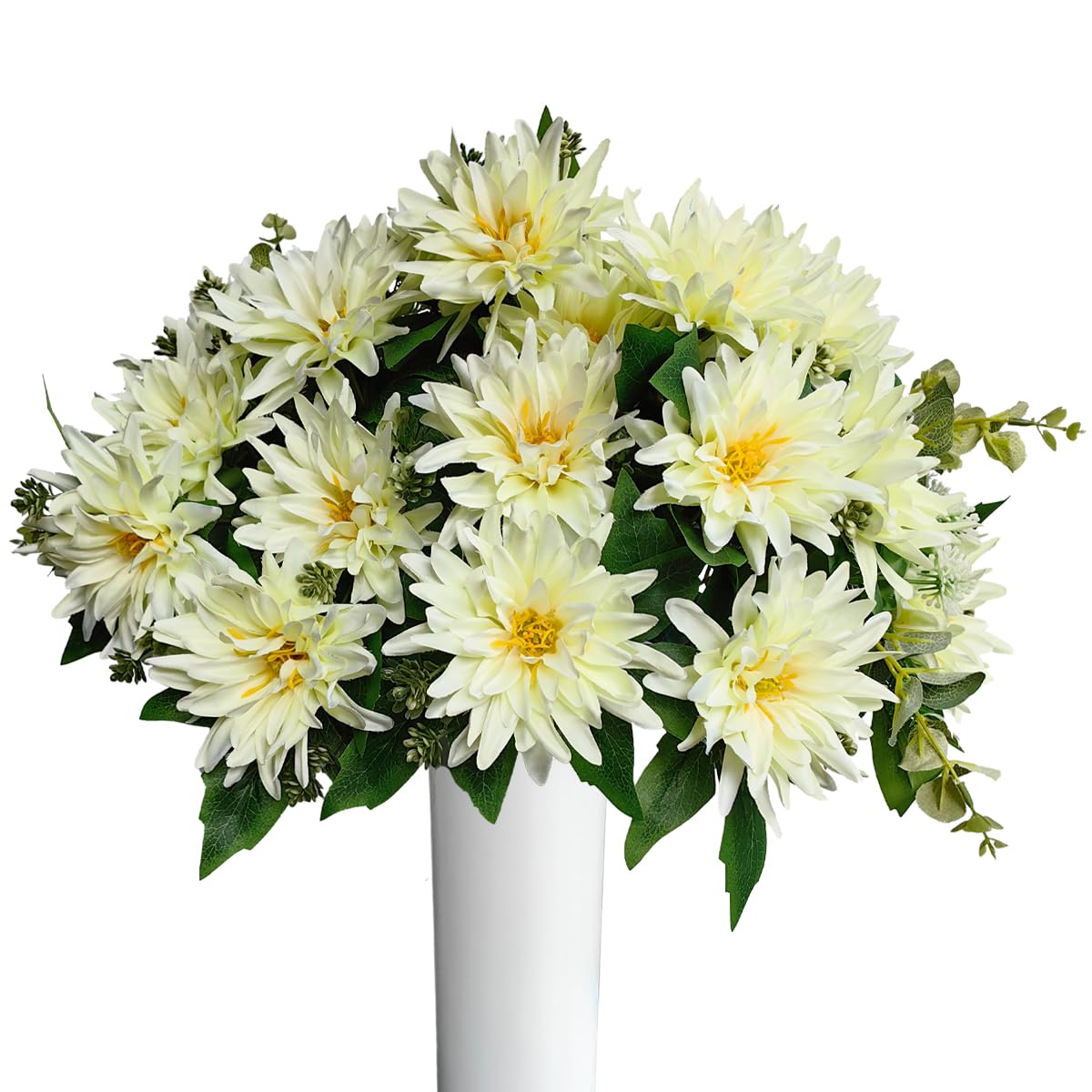 Raxcelivia Pack of 3 - Artificial Dahlia 9 Heads Flowers Full Blooms Bouquet Silk Dahlia with Greenery for Wedding Bridal Bouquet Table Centerpieces Floral Arrangements Home Office Decor (White)