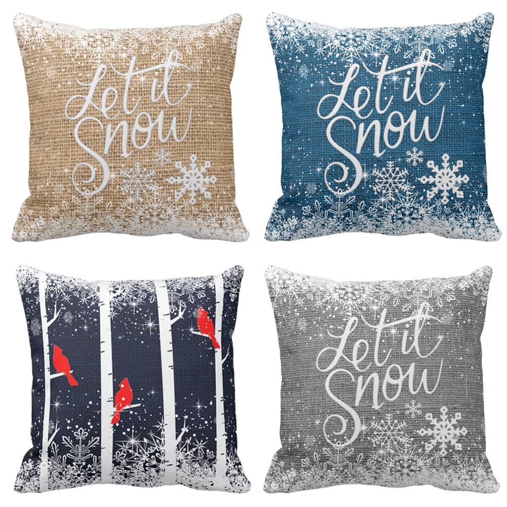 Qinqingo Christmas Snowflakes Pillow Covers 18" x 18" Set of 4 Let it Snow with White Snowflakes Throw Pillow Case Cushion Cover Winter Holiday Farmhouse Decoration for Sofa (Snow, 18" x 18")