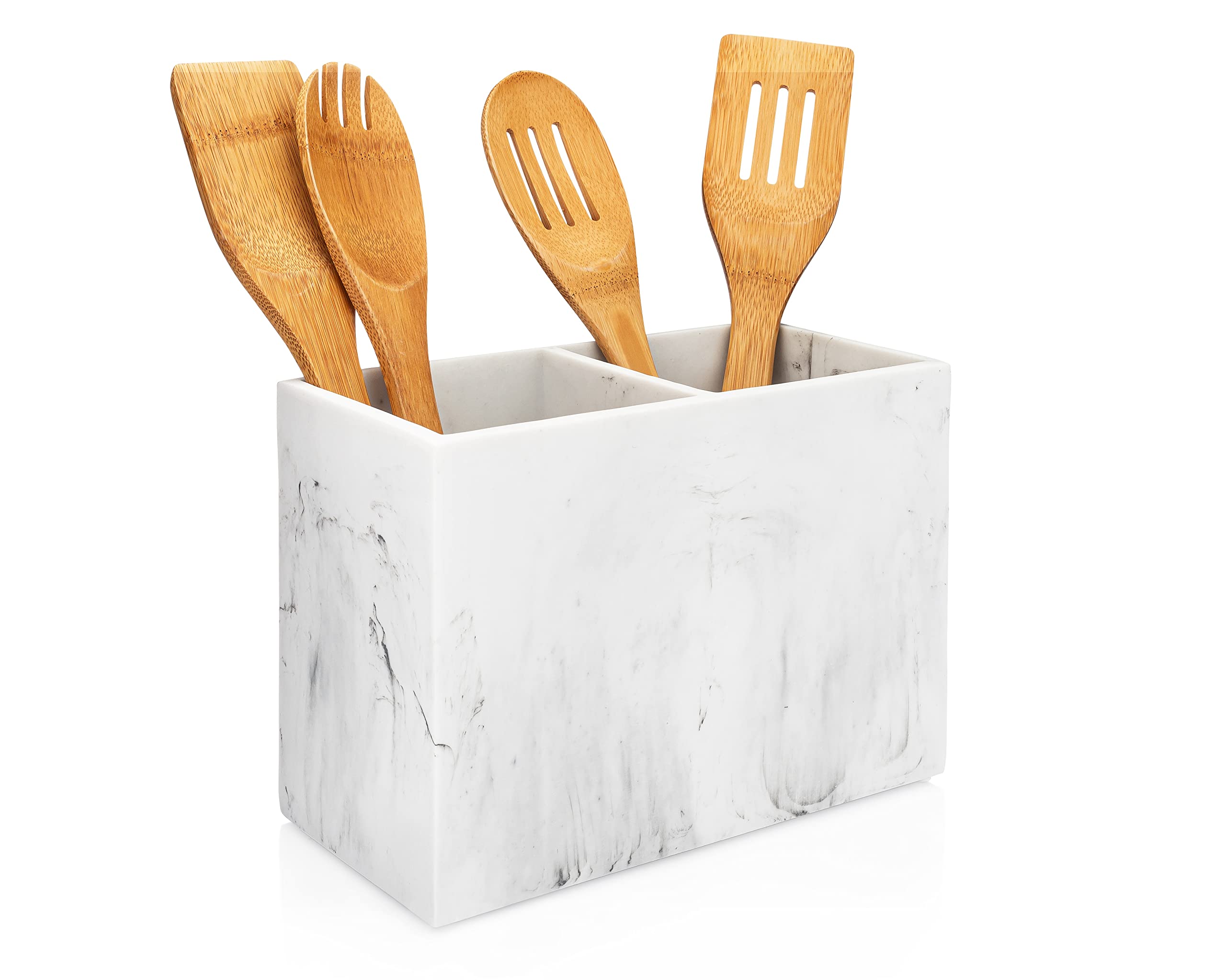 Essentra Home Matte White Marble Kitchen Utensil Holder for Counter Top, Utensil Crock (9" x 4.5" x 6.5" Rectangular)