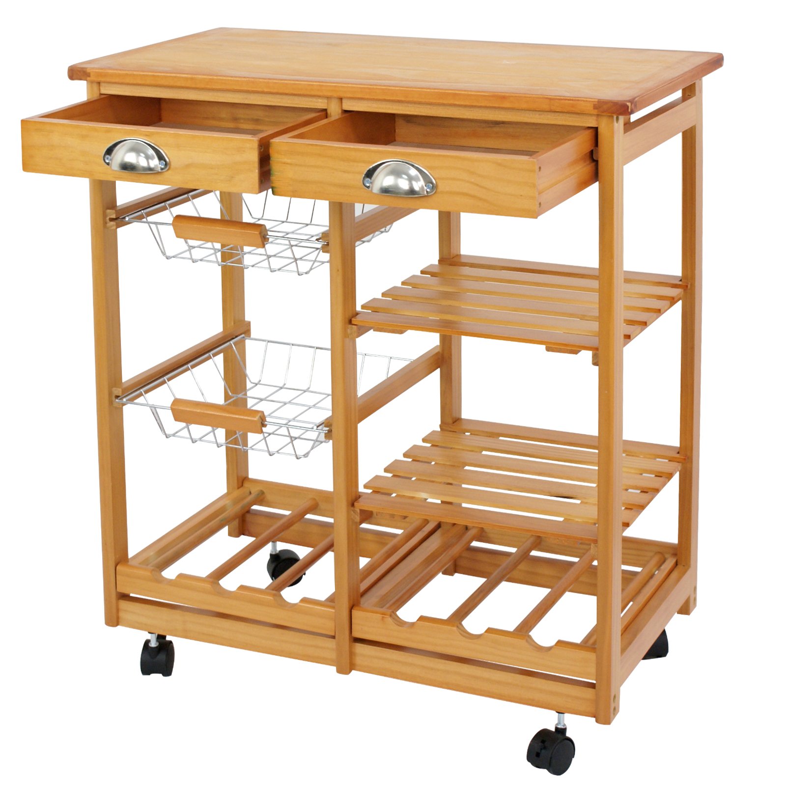 Nova Microdermabrasion Kitchen Island Cart with Storage, Rolling Side Table on Wheels with 2 Drawers, 3 Shelves, Lockable Casters for Dining Room, Bar